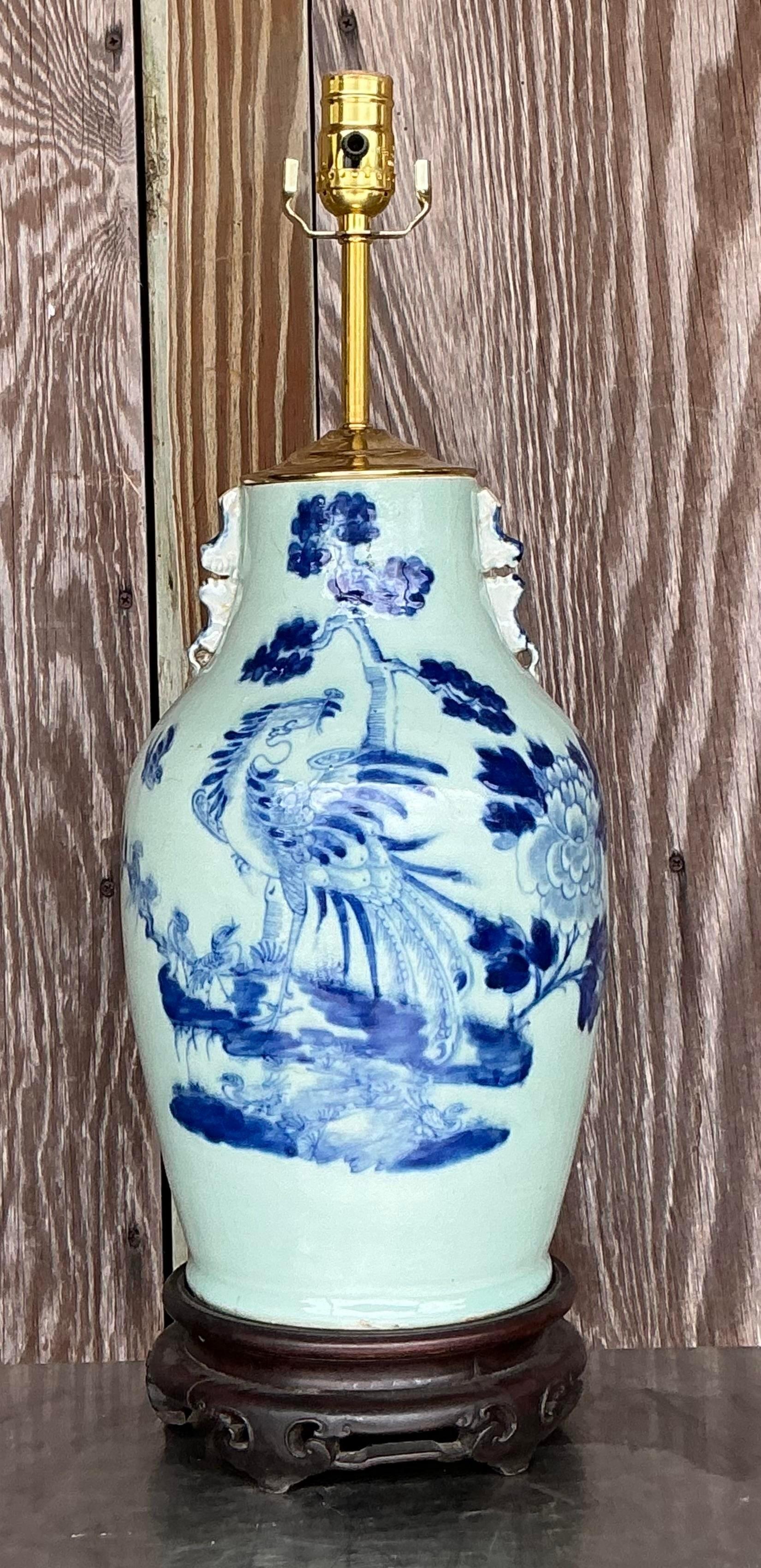 Antique 19th Century Asian Blue and White Rooster Lamp For Sale 2