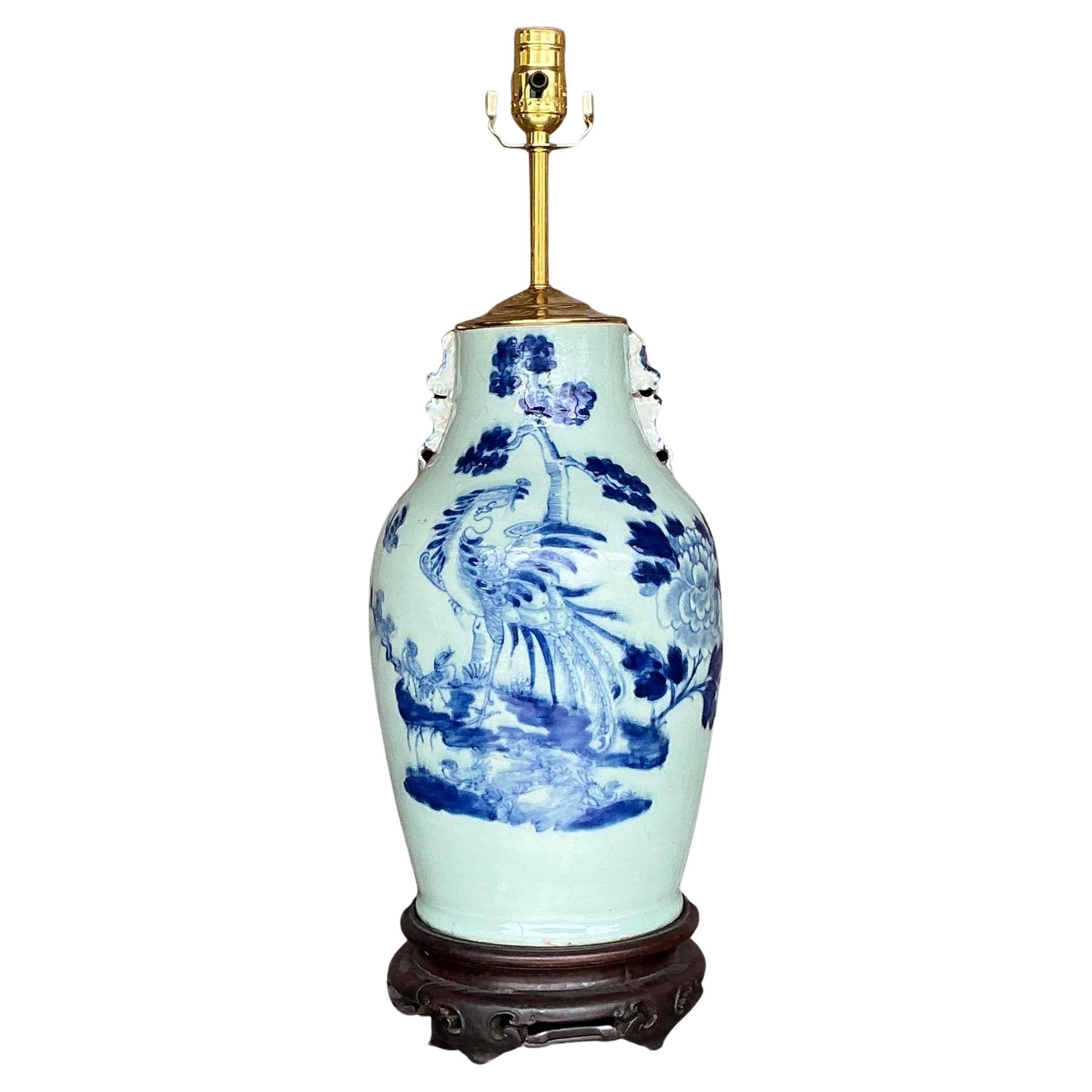 Antique 19th Century Asian Blue and White Rooster Lamp For Sale