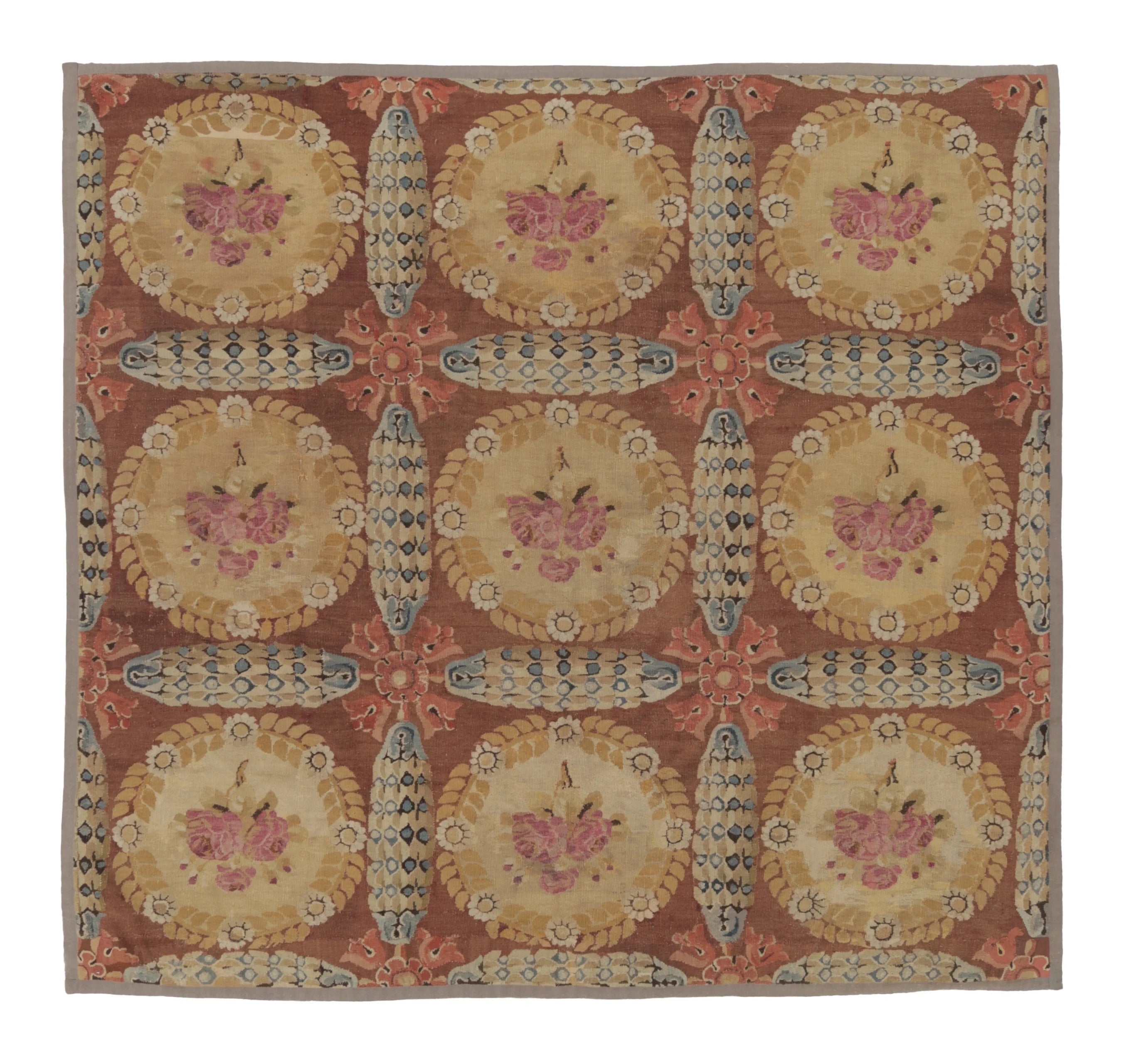 Antique 19th Century Aubusson Square Rug Bold Floral Medallion - Rug & Kilim