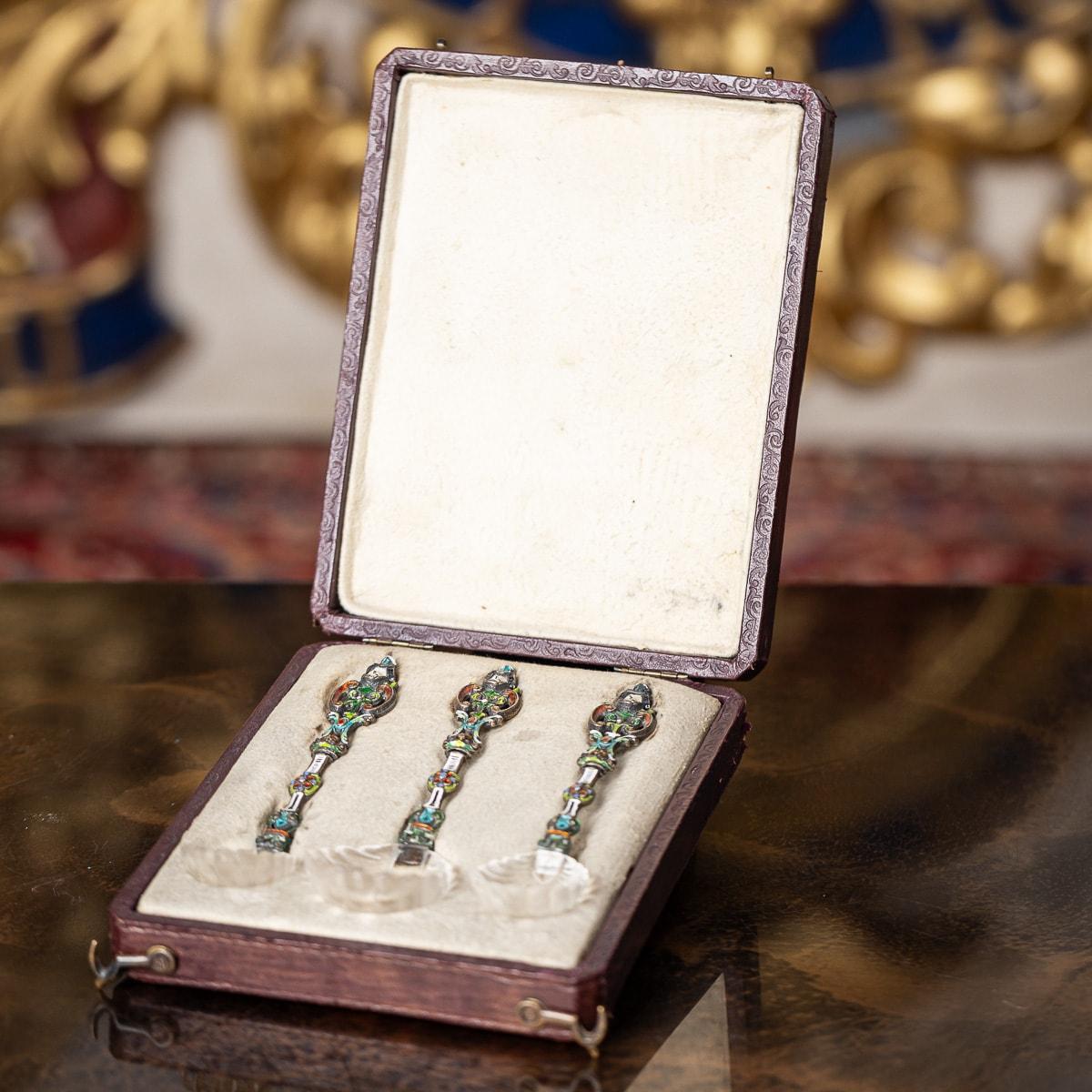 Antique 19th Century Austrian rare solid silver & enamel rock crystal set of three spoons. Scallop shaped carved rock crystal bowls set with highly decorative, pierced and enamelled, cast solid silver handles, comes in its original retail case.