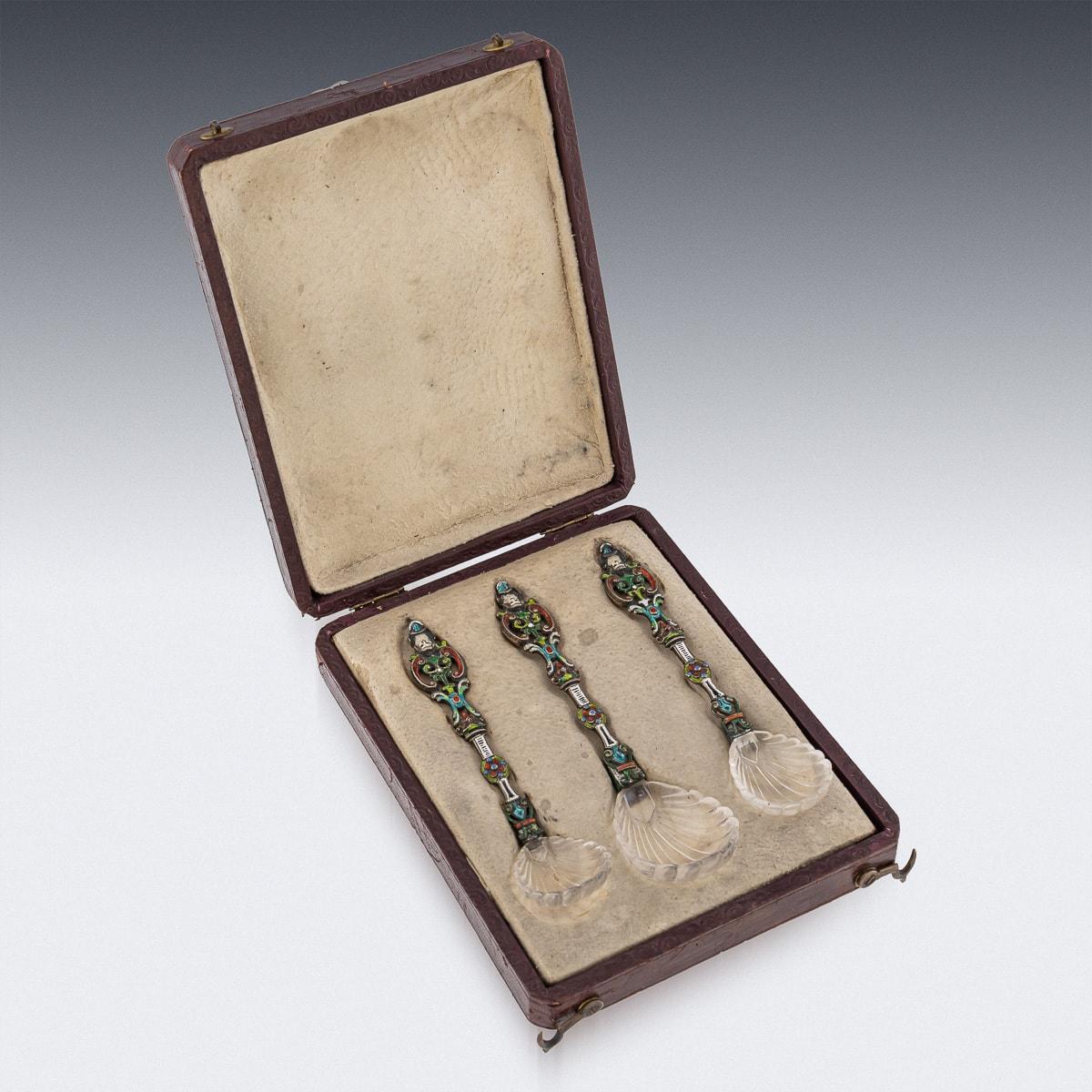 Late 19th Century Antique 19th Century Austrian Silver, Enamel & Rock Crystal Spoons c.1880 For Sale