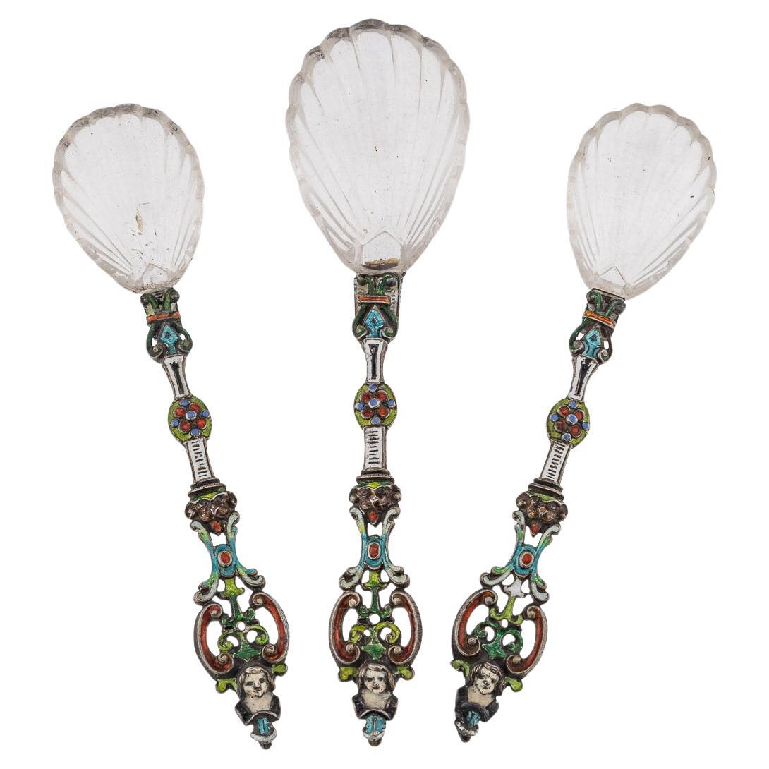 Antiguas cucharas austriacas del siglo XIX de plata, esmalte y cristal de roca c.1880