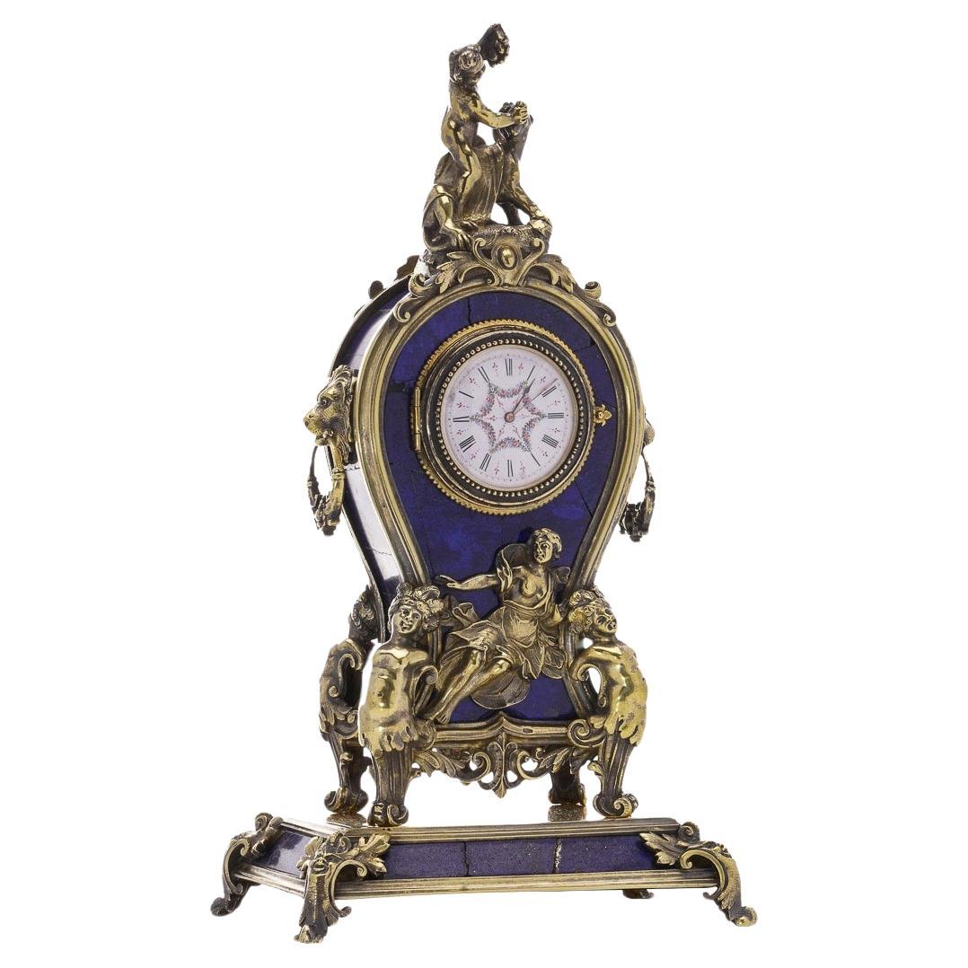 Antique 19th Century Austrian Silver & Lapis Lazuli Clock, Vienna c.1890 For Sale