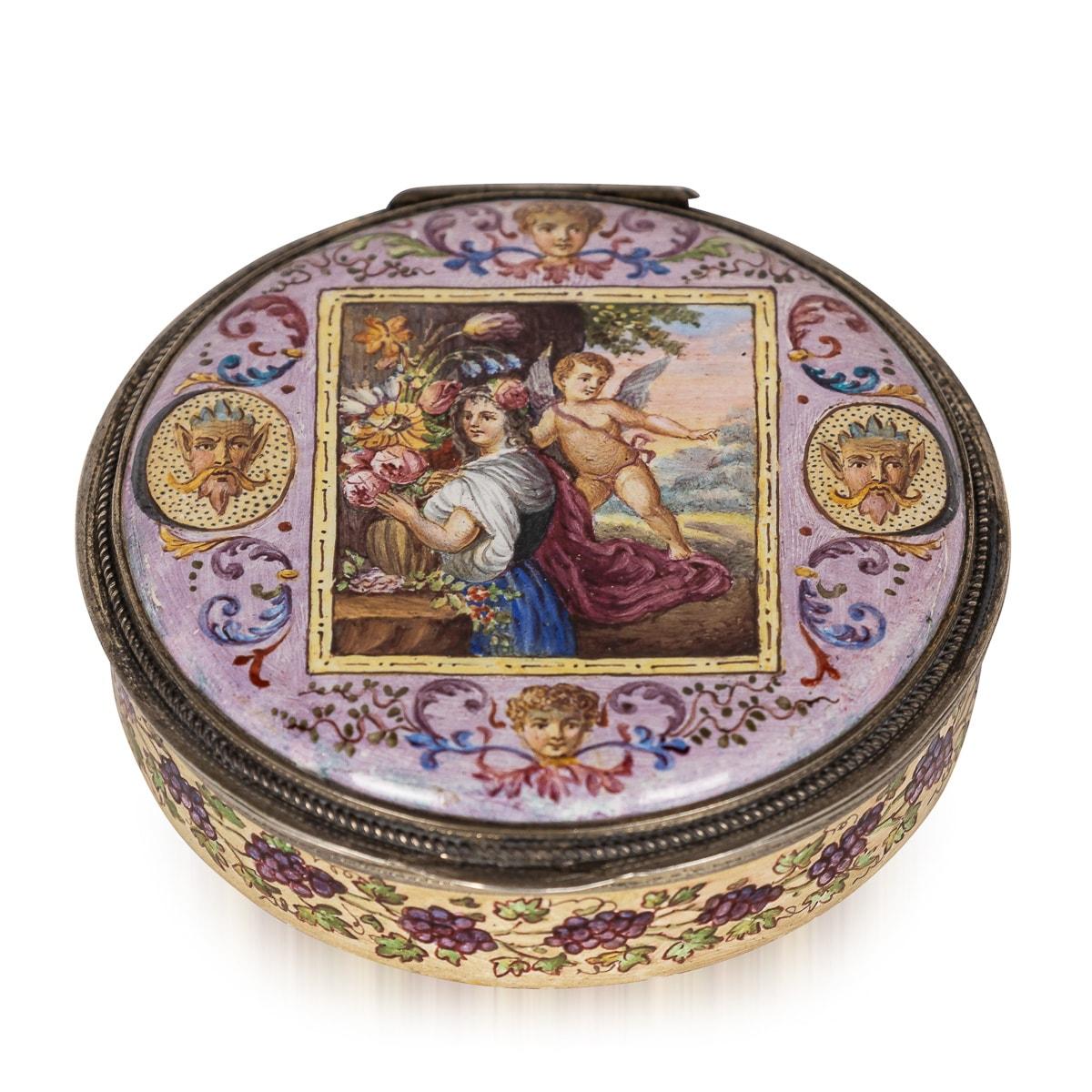 Antique late 19th Century Austrian Renaissance revival solid silver-gilt and enameled trinket box, beautifully enamelled throughout dipicting various mythological scenes. Apparently unmarked.

CONDITION
In Great Condition - Wear expected with age.