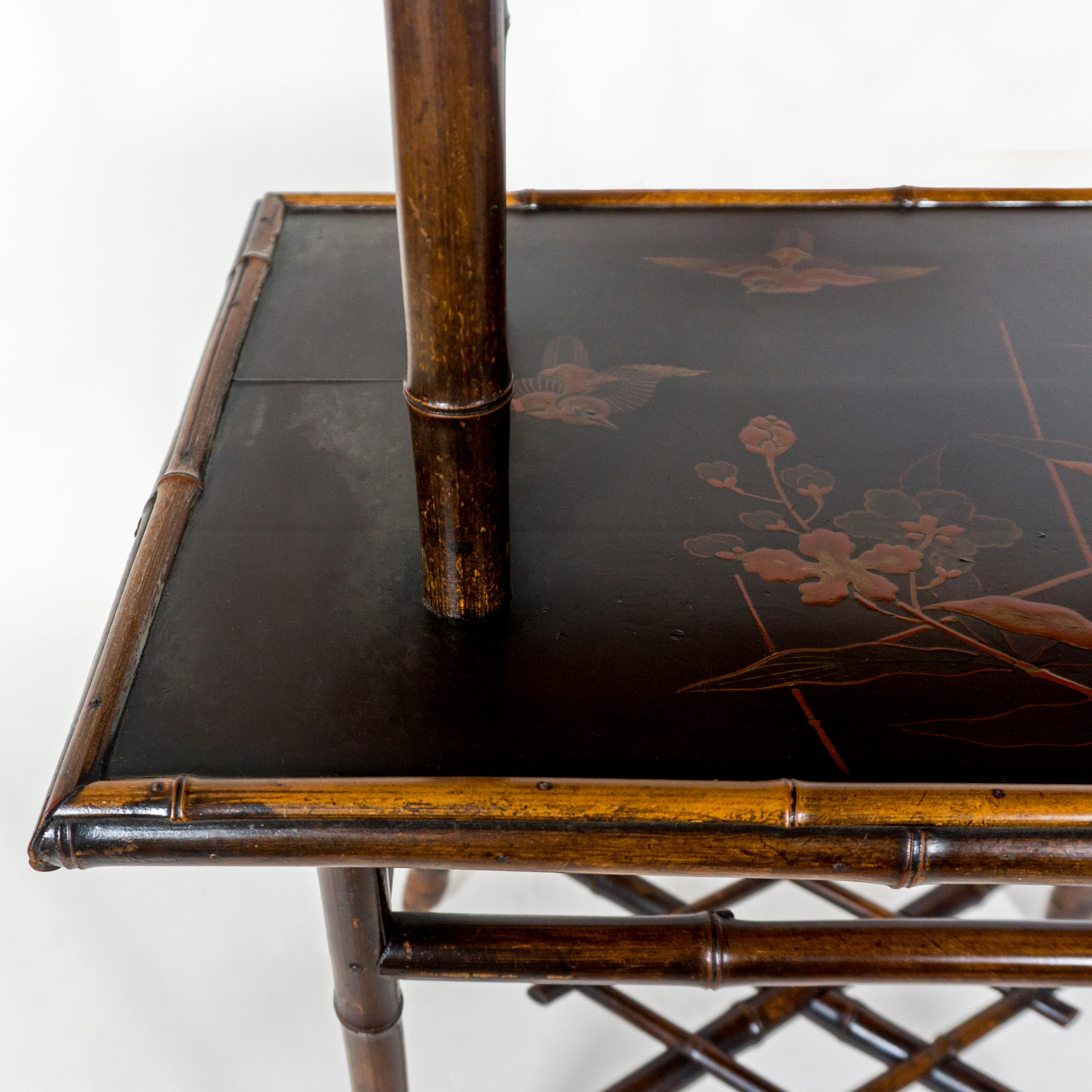Antique 19th Century Bamboo Two Tier Side Table with Lacquared Chinoiserie Decor For Sale 6
