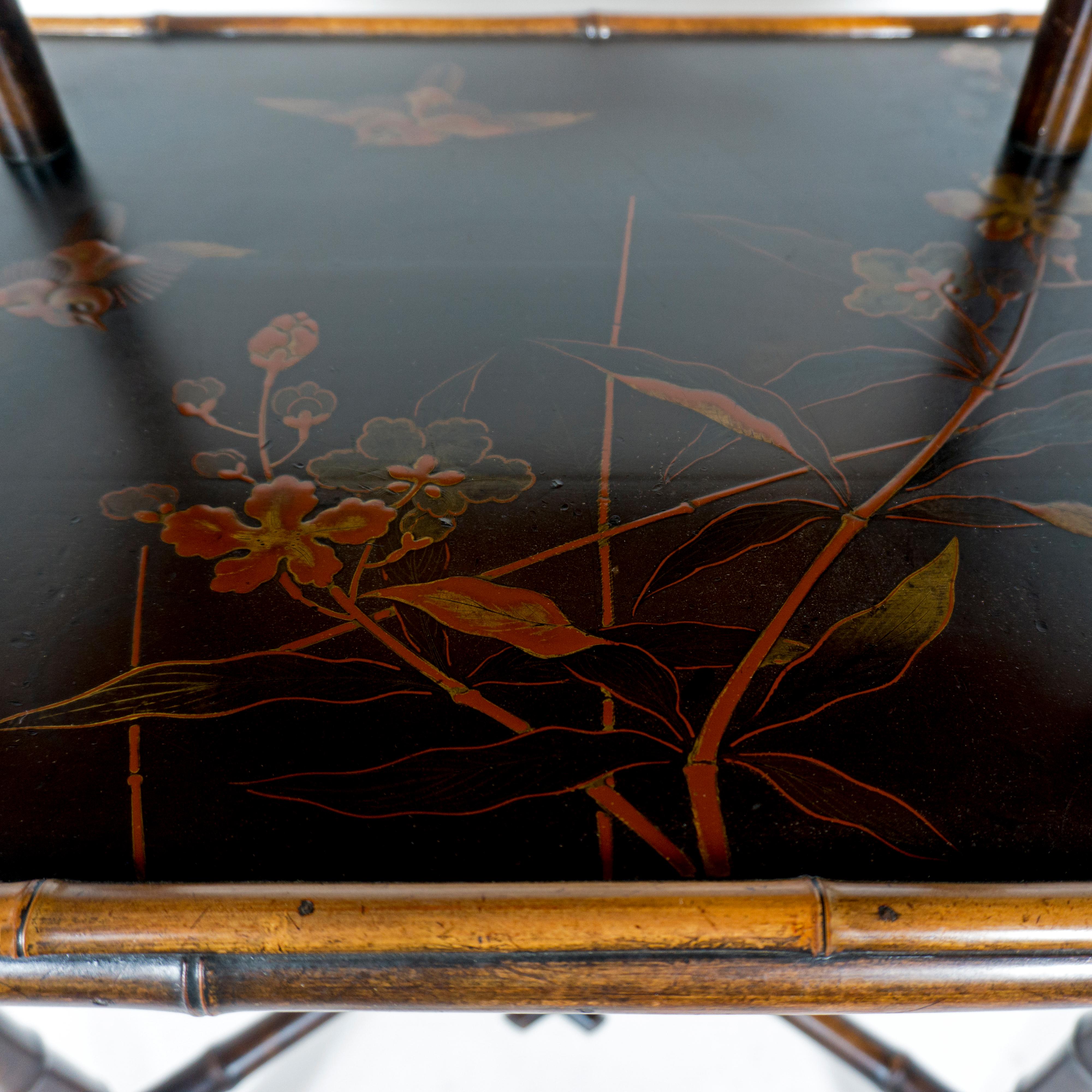 Antique 19th Century Bamboo Two Tier Side Table with Lacquared Chinoiserie Decor For Sale 7