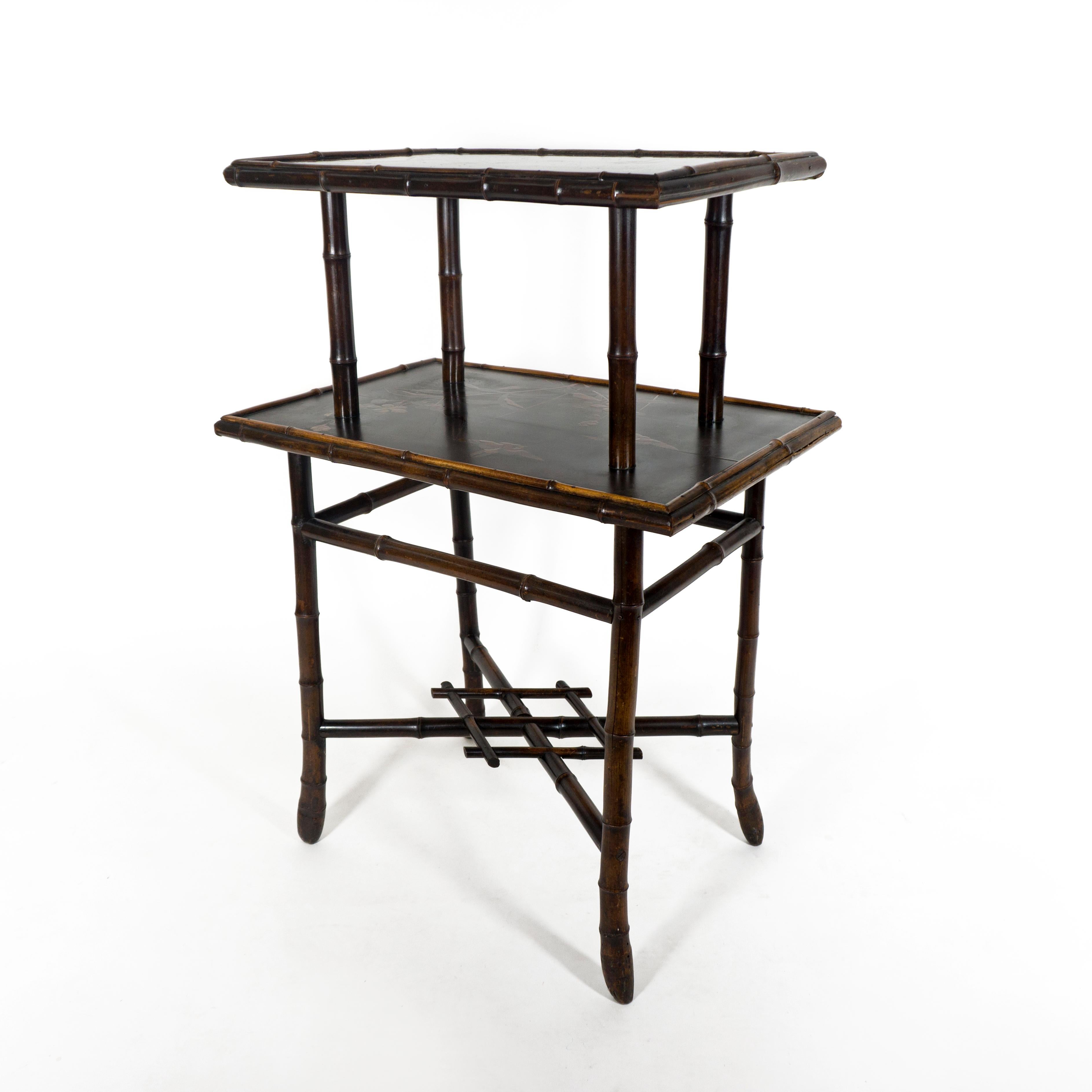 English Antique 19th Century Bamboo Two Tier Side Table with Lacquared Chinoiserie Decor For Sale