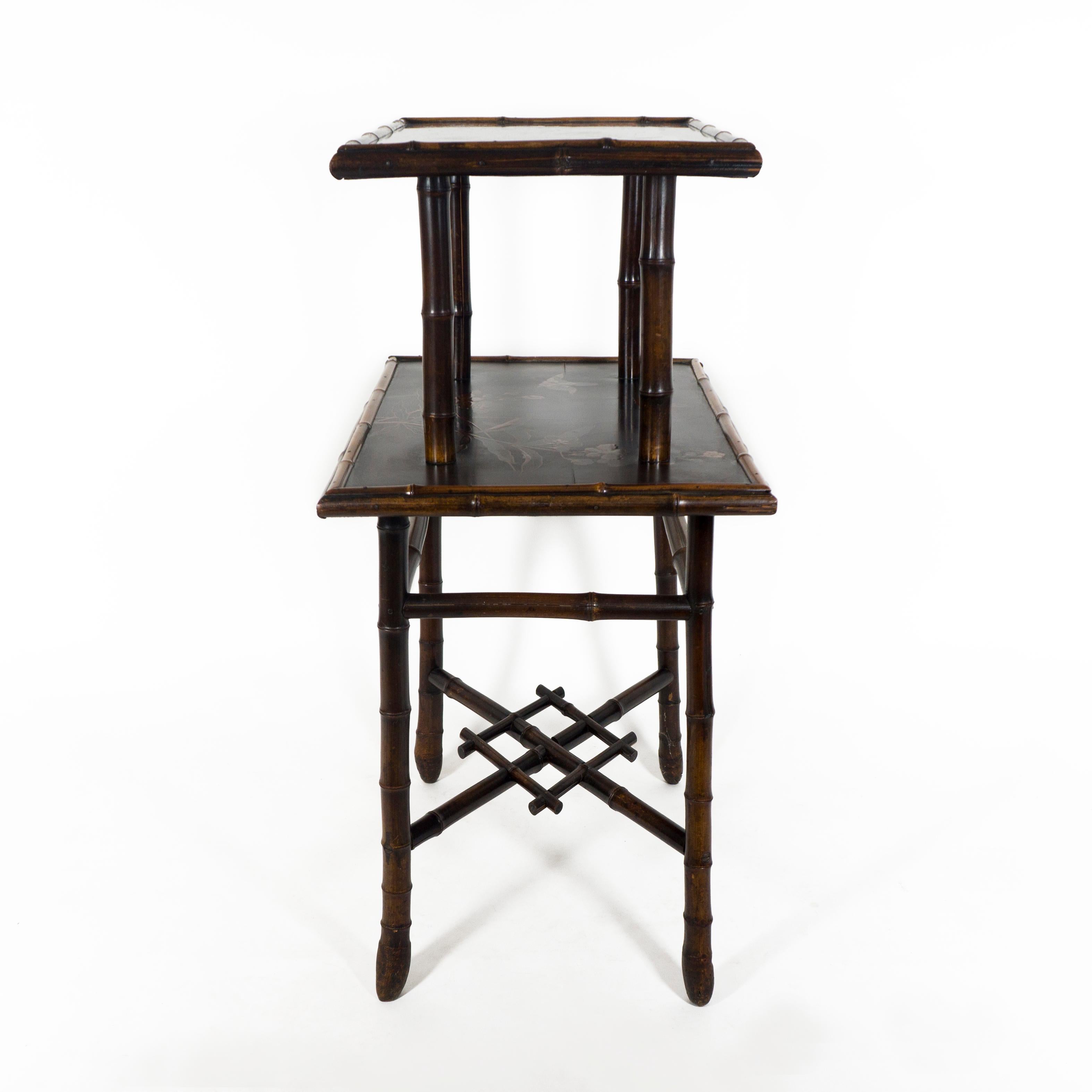 Wood Antique 19th Century Bamboo Two Tier Side Table with Lacquared Chinoiserie Decor For Sale