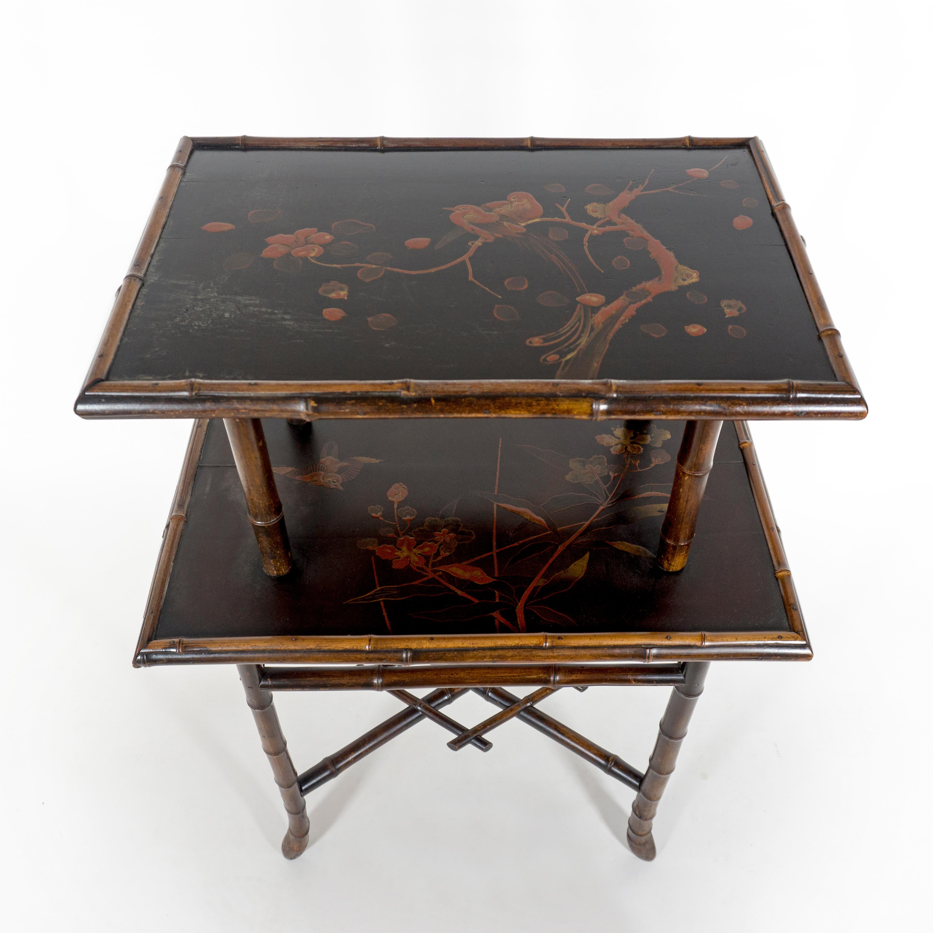 Antique 19th Century Bamboo Two Tier Side Table with Lacquared Chinoiserie Decor For Sale 1