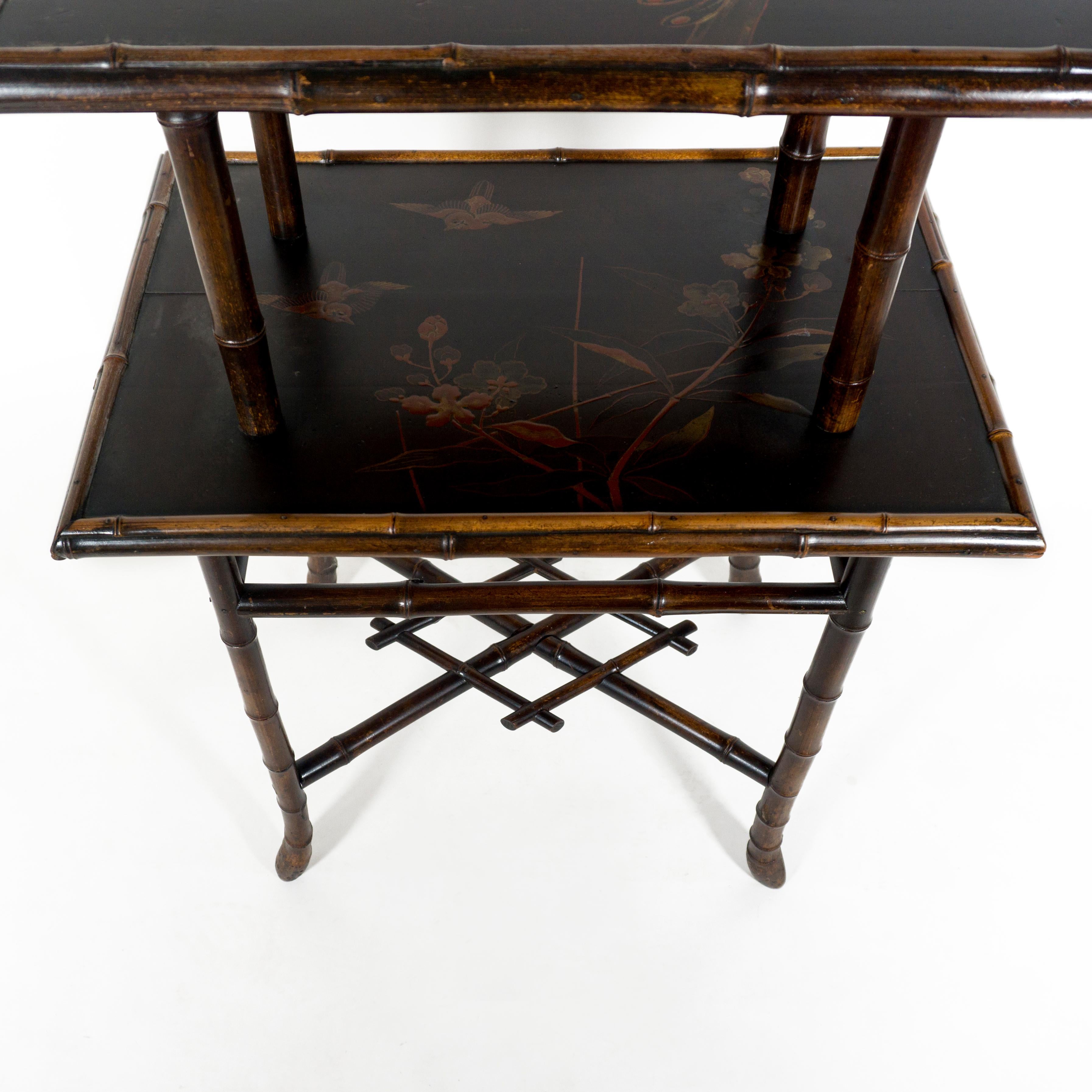 Antique 19th Century Bamboo Two Tier Side Table with Lacquared Chinoiserie Decor For Sale 2
