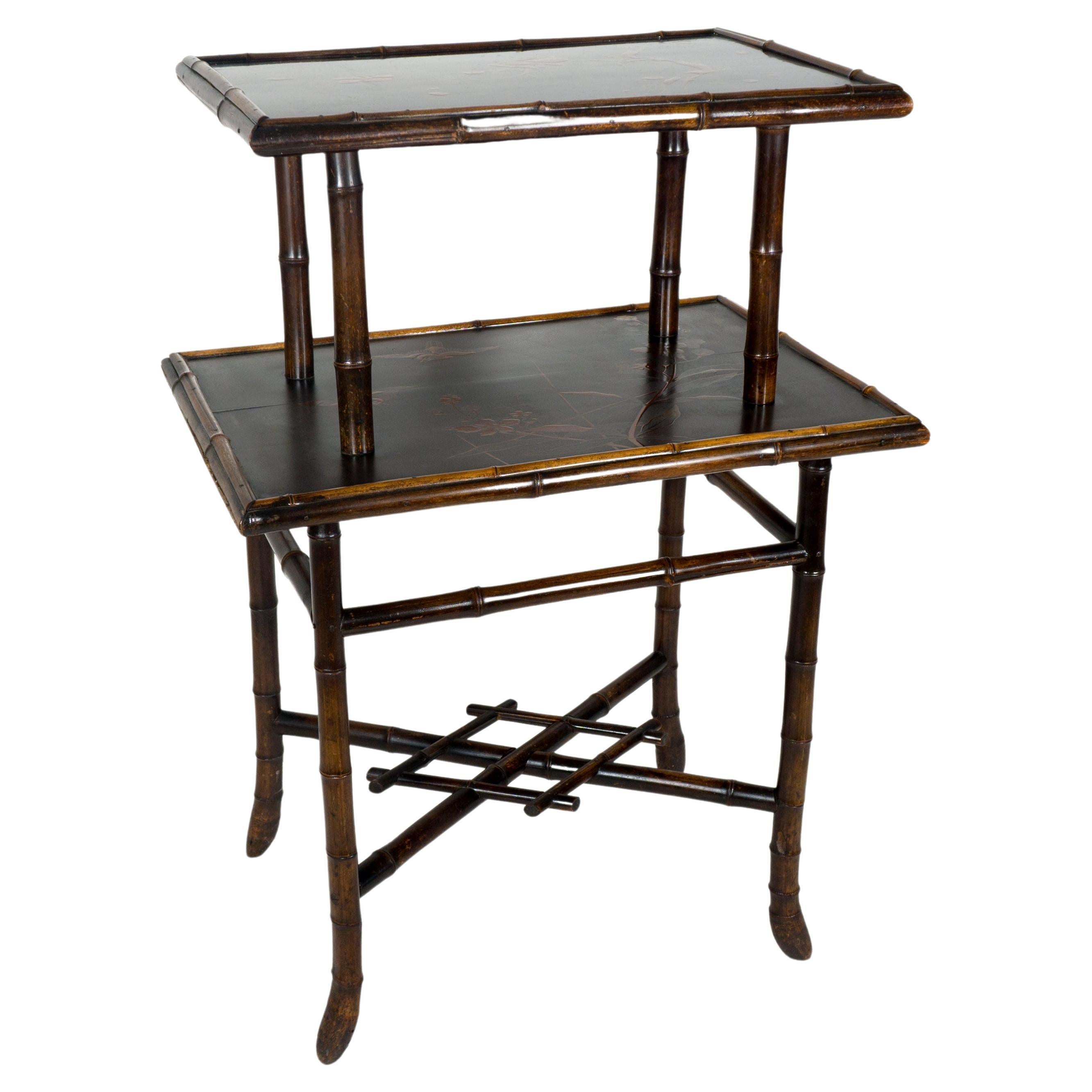 Antique 19th Century Bamboo Two Tier Side Table with Lacquared Chinoiserie Decor For Sale