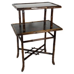 Antique 19th Century Bamboo Two Tier Side Table with Lacquared Chinoiserie Decor