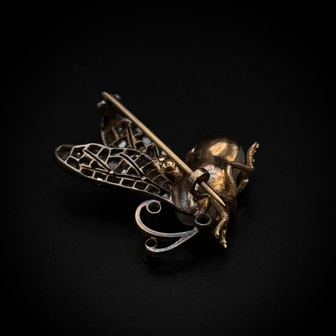 Antique 19th Century Baroque Pearl Diamond Bee Insect Pin Brooch Silver Gold For Sale 6