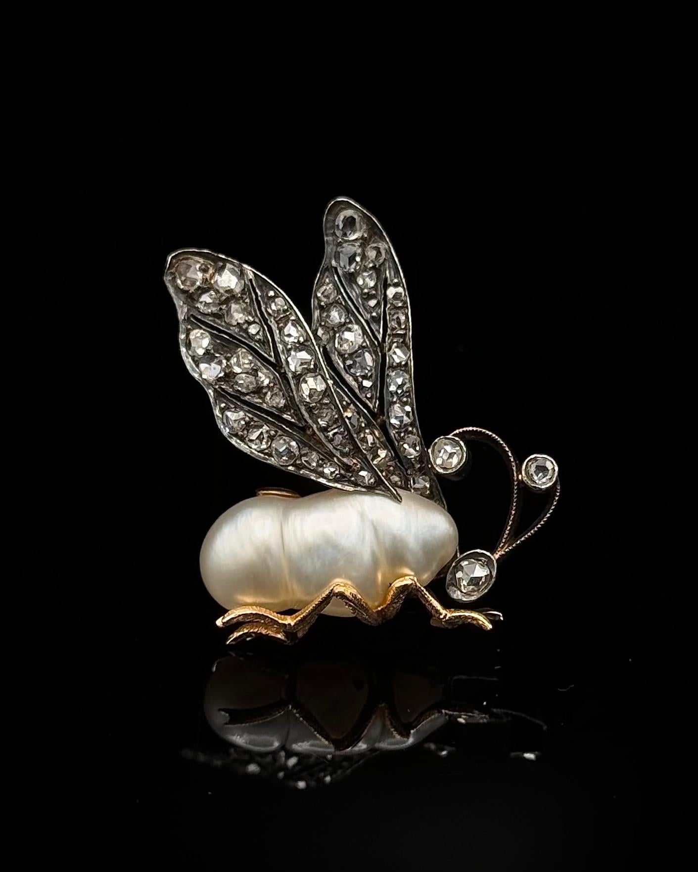 Antique 19th Century Baroque Pearl Diamond Bee Insect Pin Brooch Silver Gold For Sale 7