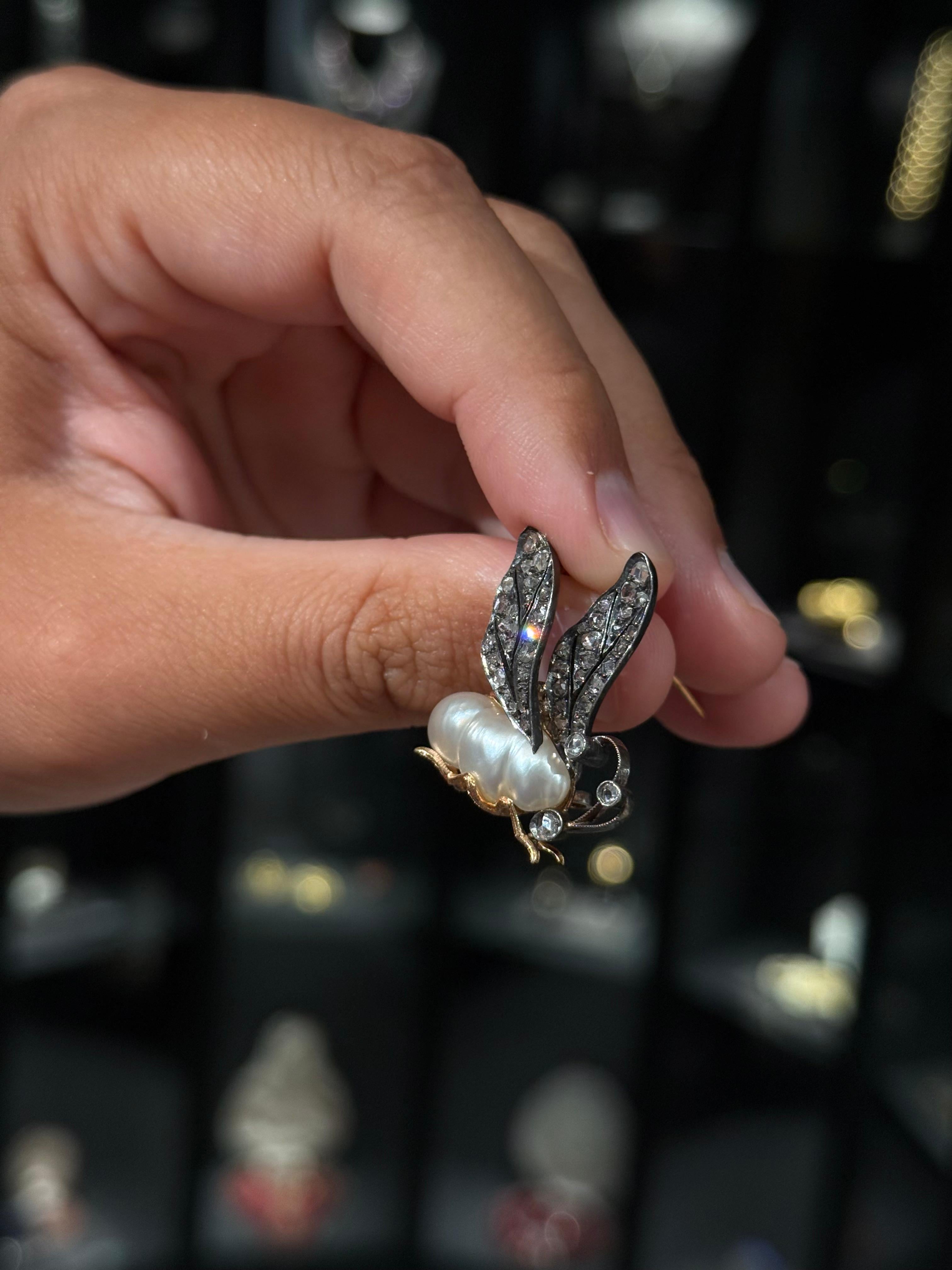 Victorian Antique 19th Century Baroque Pearl Diamond Bee Insect Pin Brooch Silver Gold For Sale