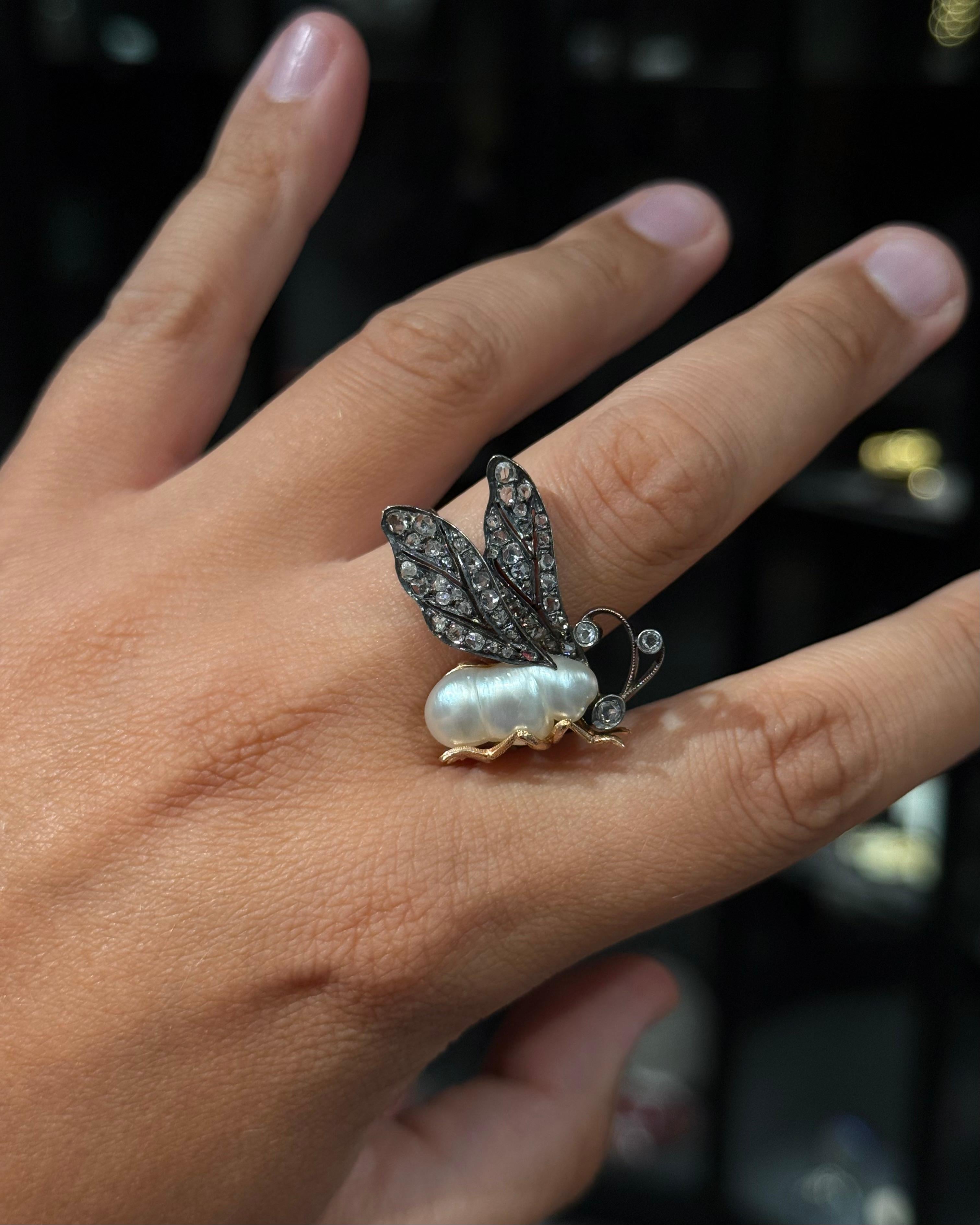 Antique 19th Century Baroque Pearl Diamond Bee Insect Pin Brooch Silver Gold In Good Condition For Sale In Lisbon, PT