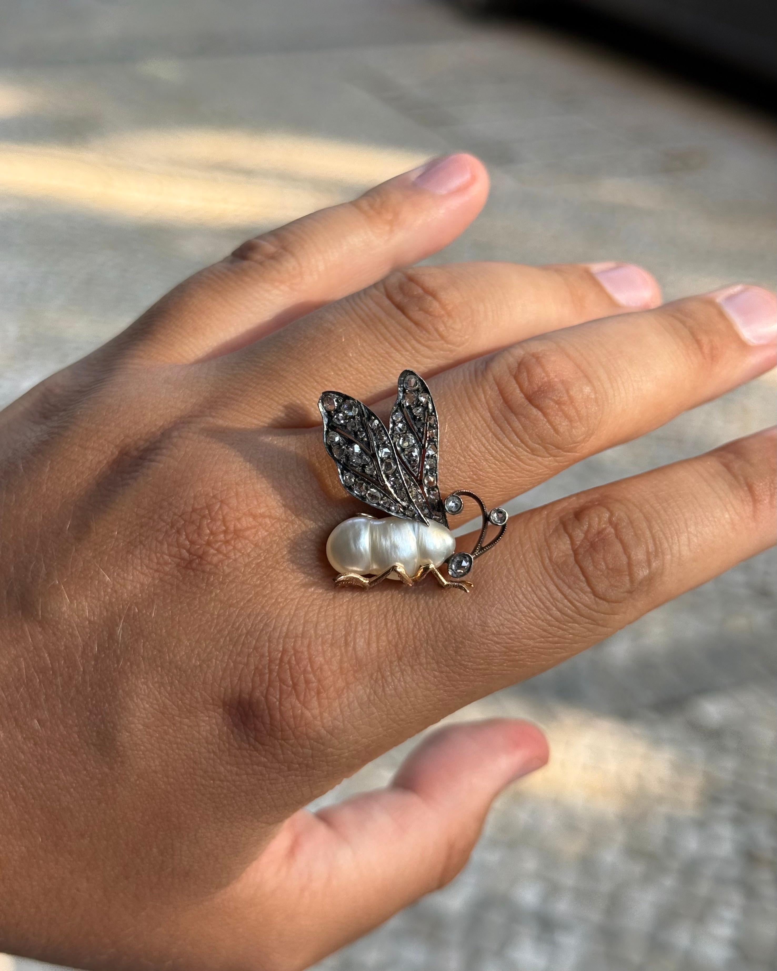 Antique 19th Century Baroque Pearl Diamond Bee Insect Pin Brooch Silver Gold For Sale 3