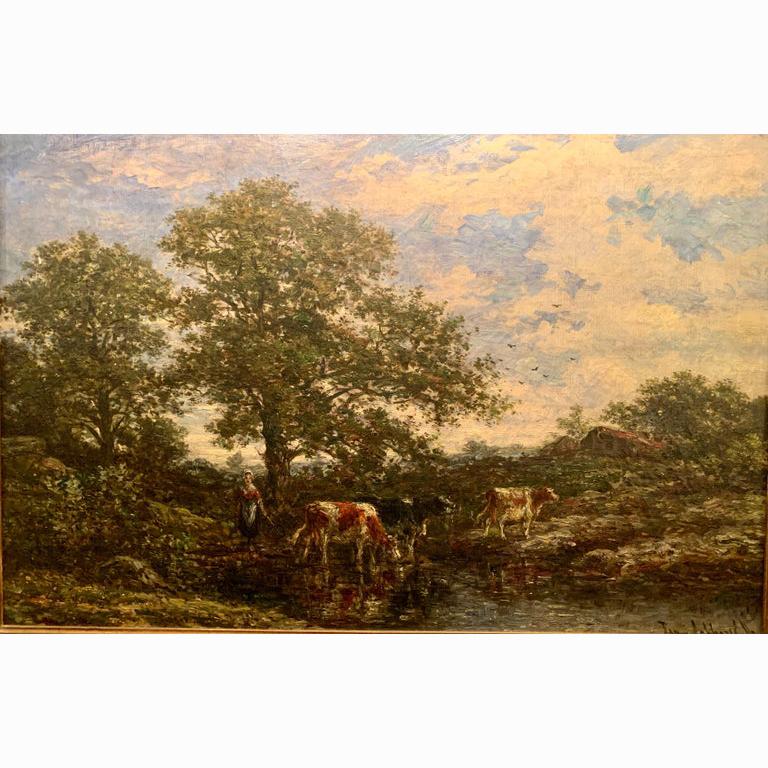 Exceptionnel paysage belge ancien du XIXe siècle peint à l'huile sur toile et signé 
