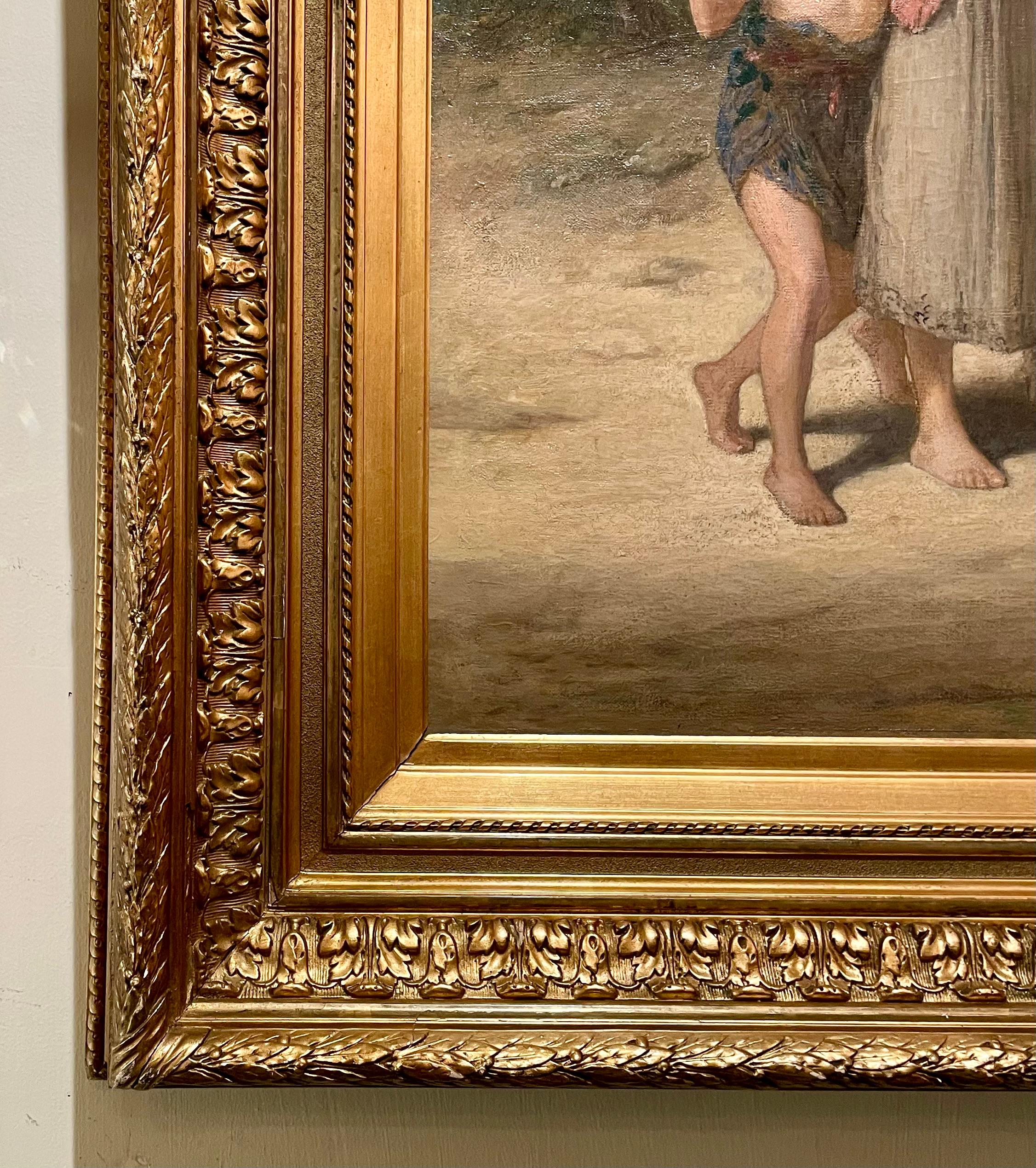 Antike belgische Öl auf Leinwand Gemälde des 19. Jahrhunderts von Joseph Stallaert (1825-1903).  Mädchen mit Korb voller Blumen.