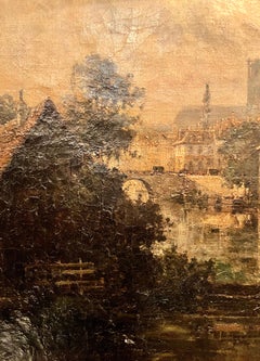 Antique 19th Century Belgian School Oil Painting "View of Town Along a Canal."