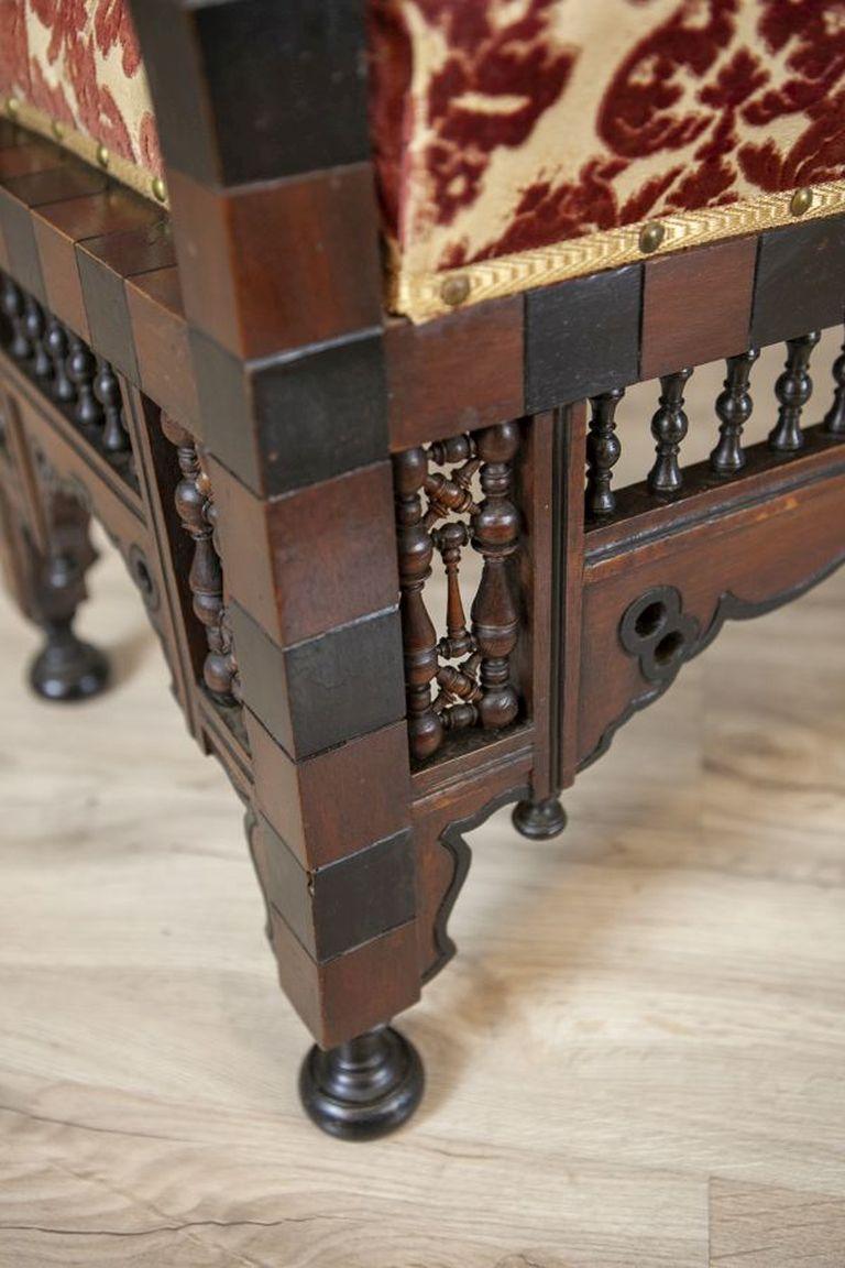 Banc ancien du 19e siècle en bois exotique de couleur Brown foncé, rembourré en vente 2