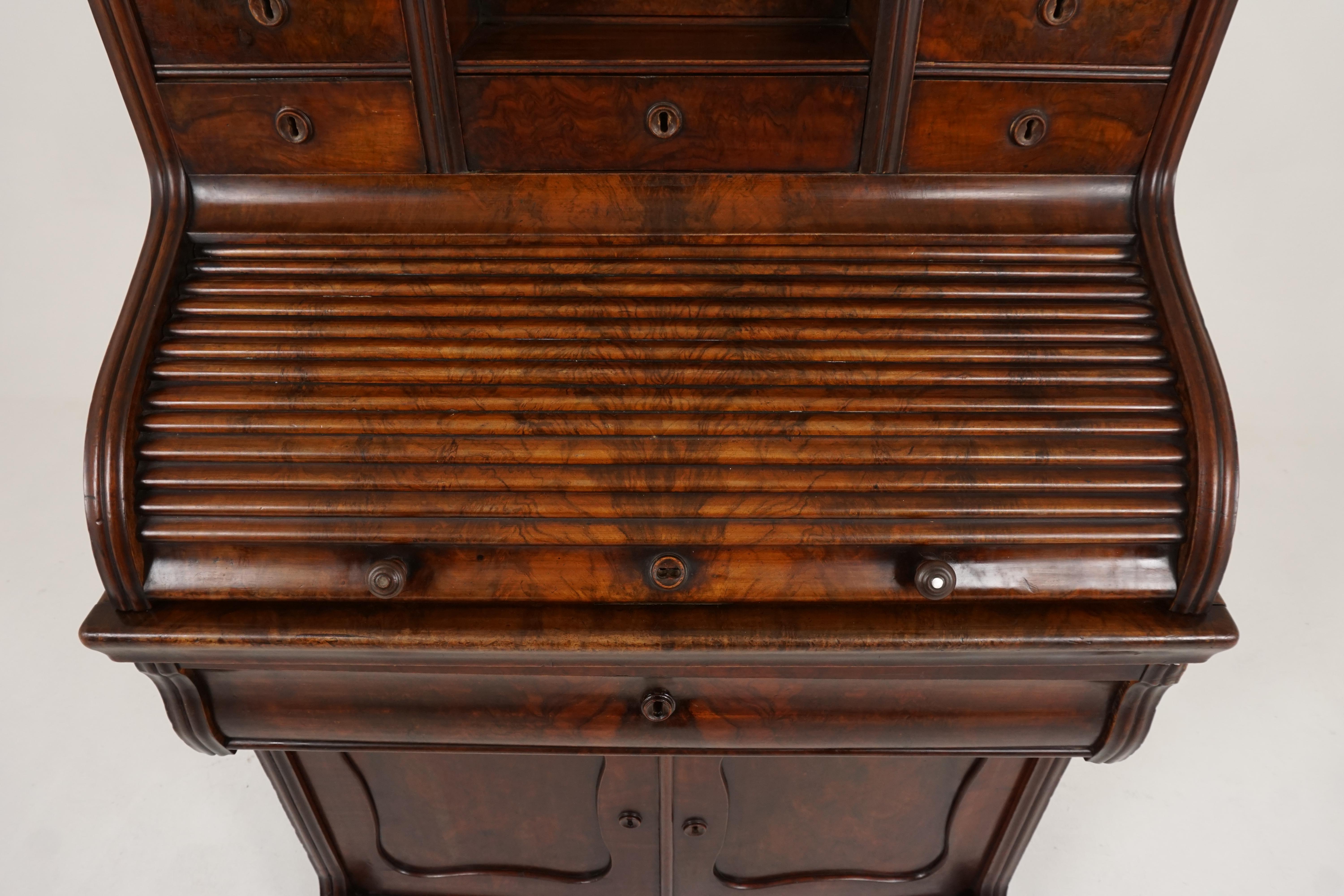 Antique 19th Century Biedermeier Roll Top Walnut Secrétaire, Desk, 1870, B2257 In Good Condition In Vancouver, BC