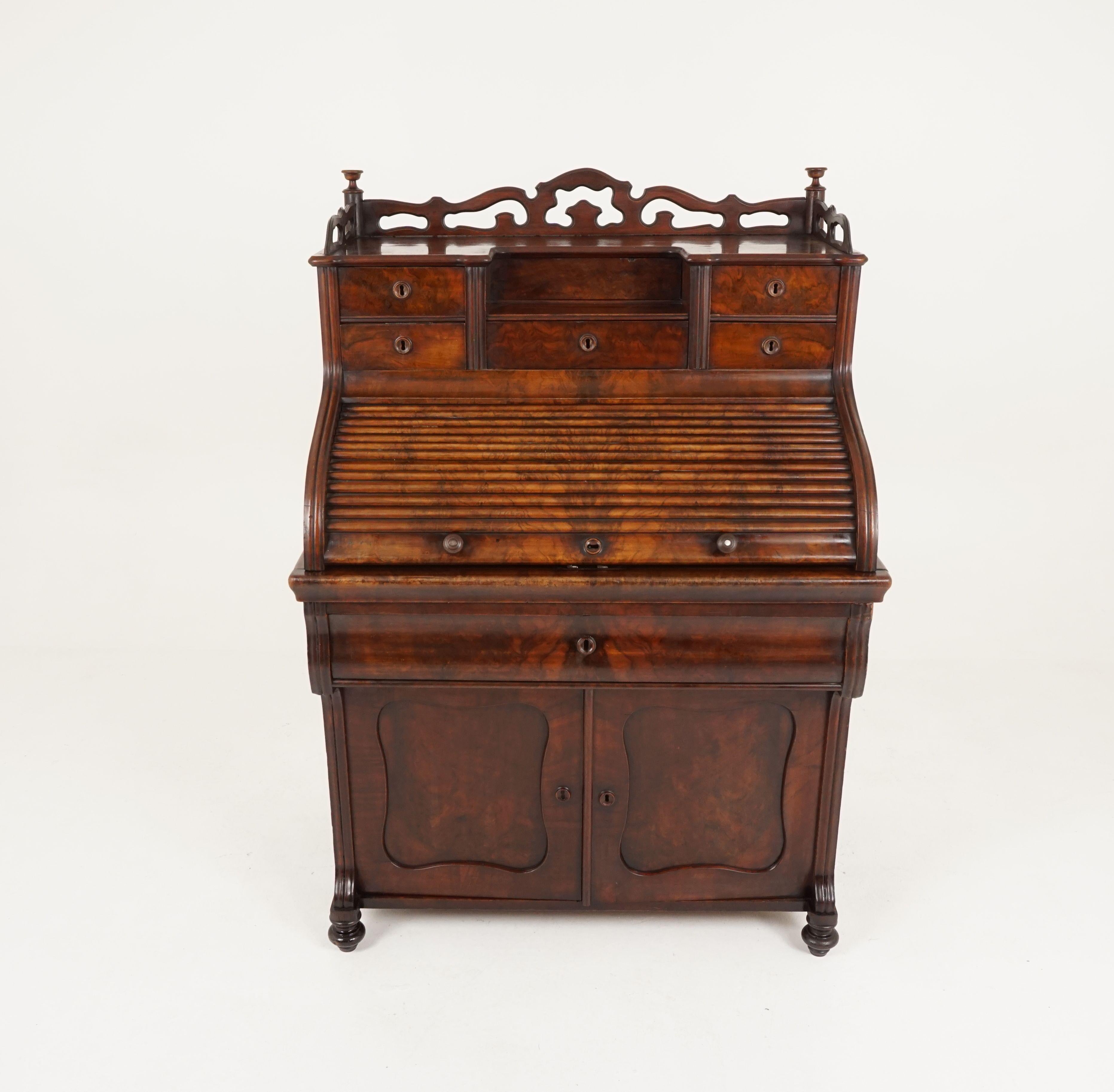 Late 19th Century Antique 19th Century Biedermeier Roll Top Walnut Secrétaire, Desk, 1870, B2257