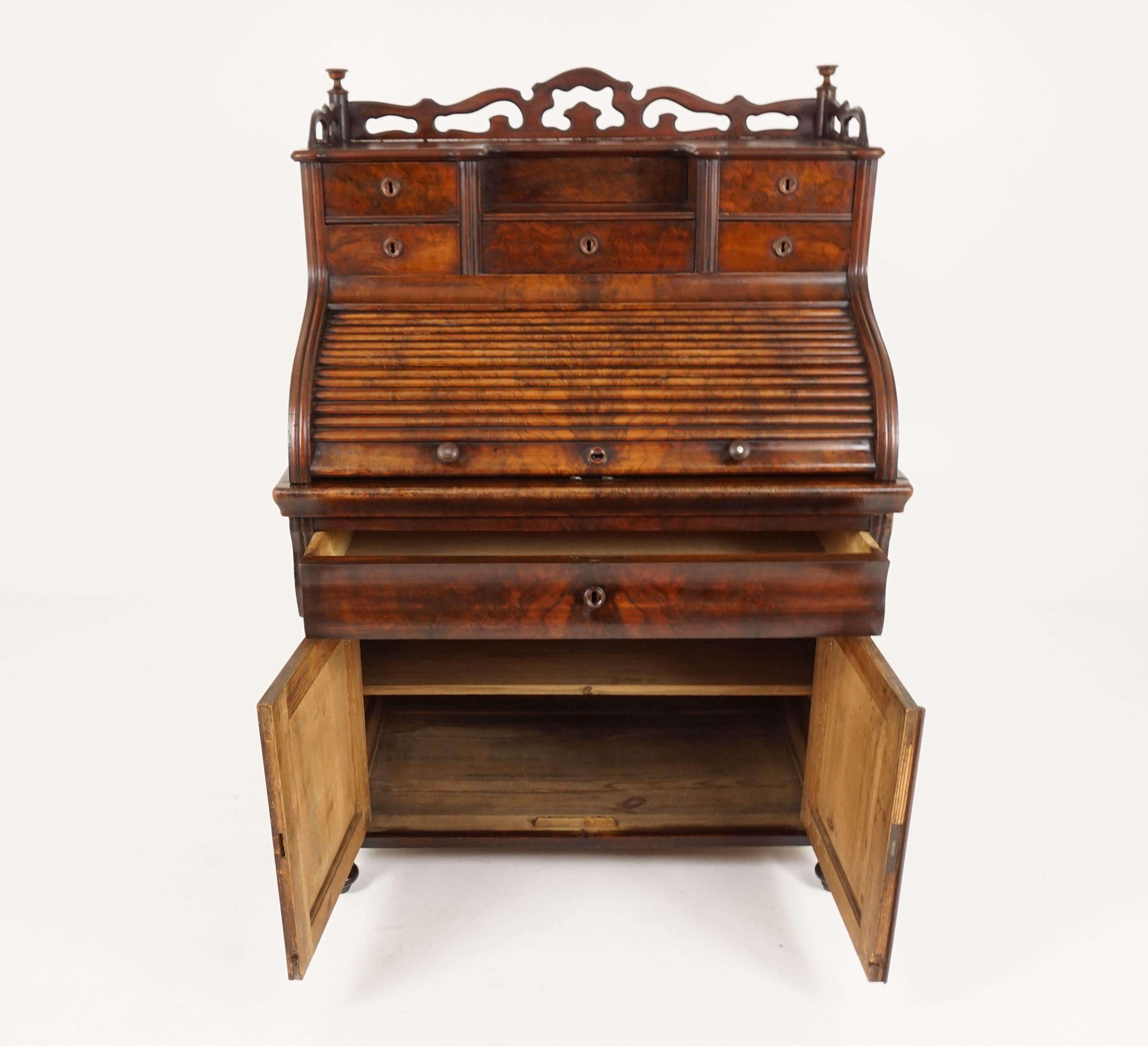 Antique 19th Century Biedermeier Roll Top Walnut Secrétaire, Desk, 1870, B2257 1