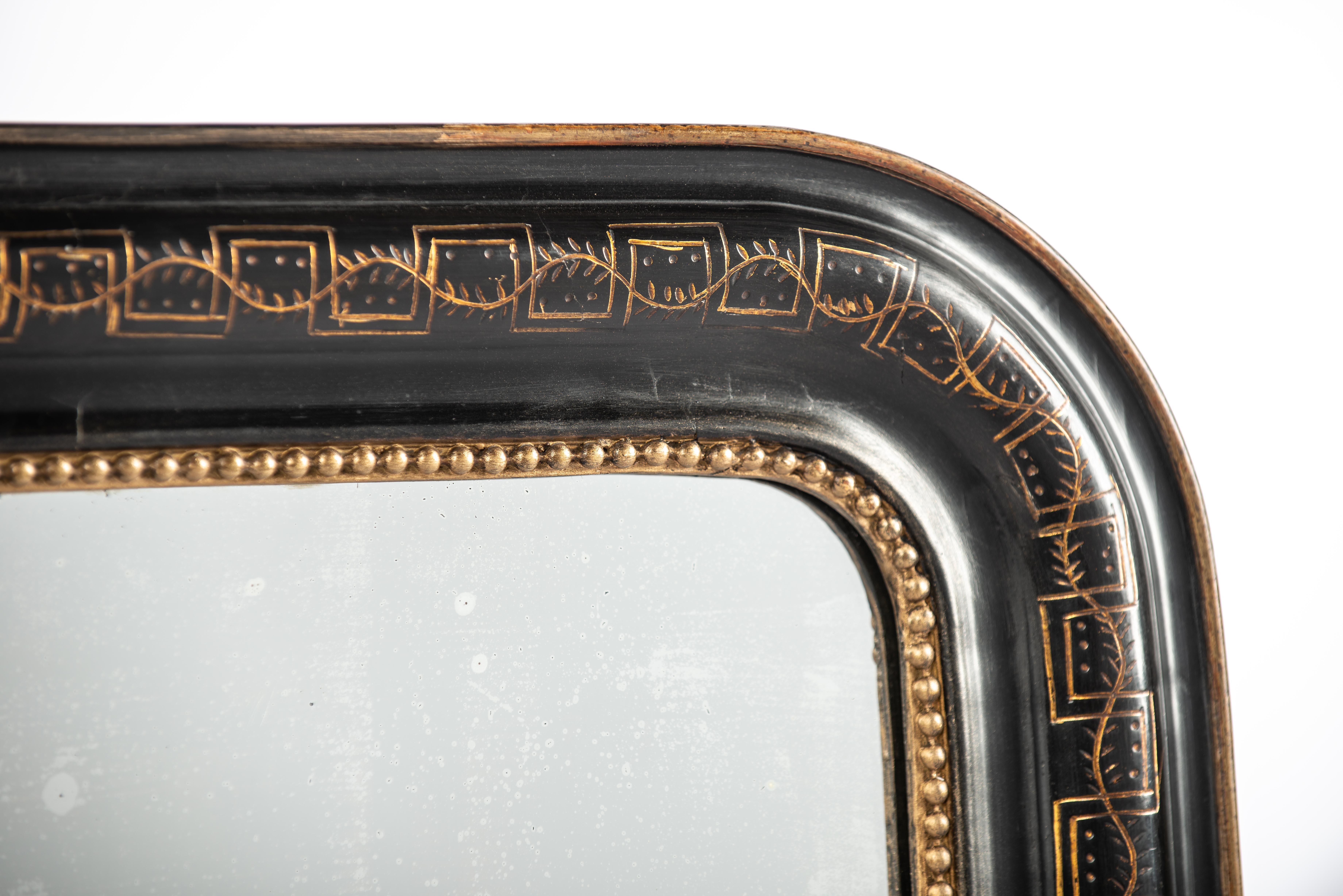 Antique 19th century Black and Gold French Louis Philippe mirror from 1888 In Good Condition For Sale In Casteren, NL