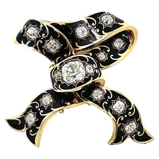 Antique 19th Century Black Enamel and Diamond Bow Pin