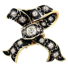 Antique 19th Century Black Enamel and Diamond Bow Pin