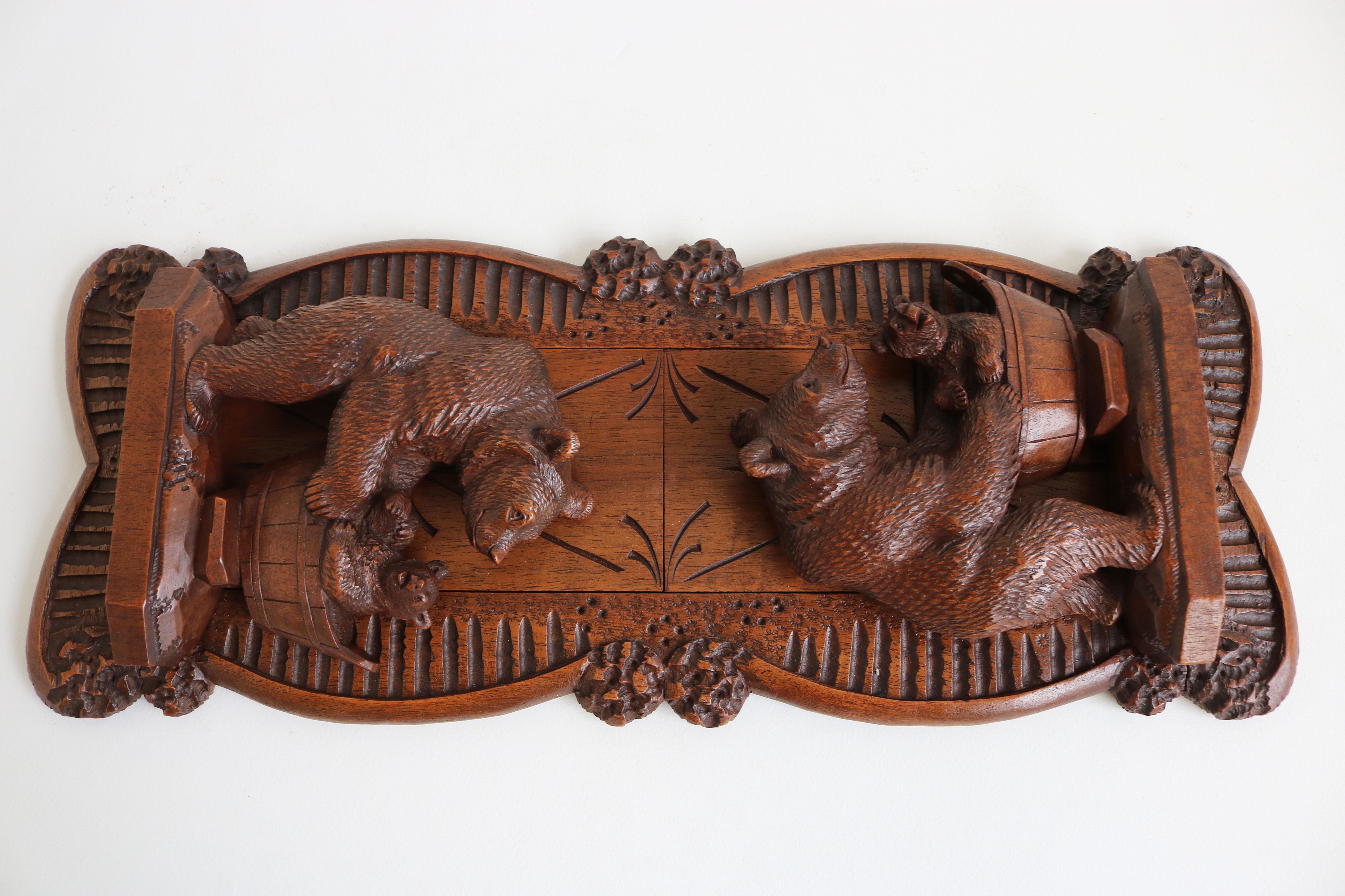 Hand-Carved Antique 19th Century Black Forest Bear Adjustable Book Shelf / Book Rack Swiss For Sale