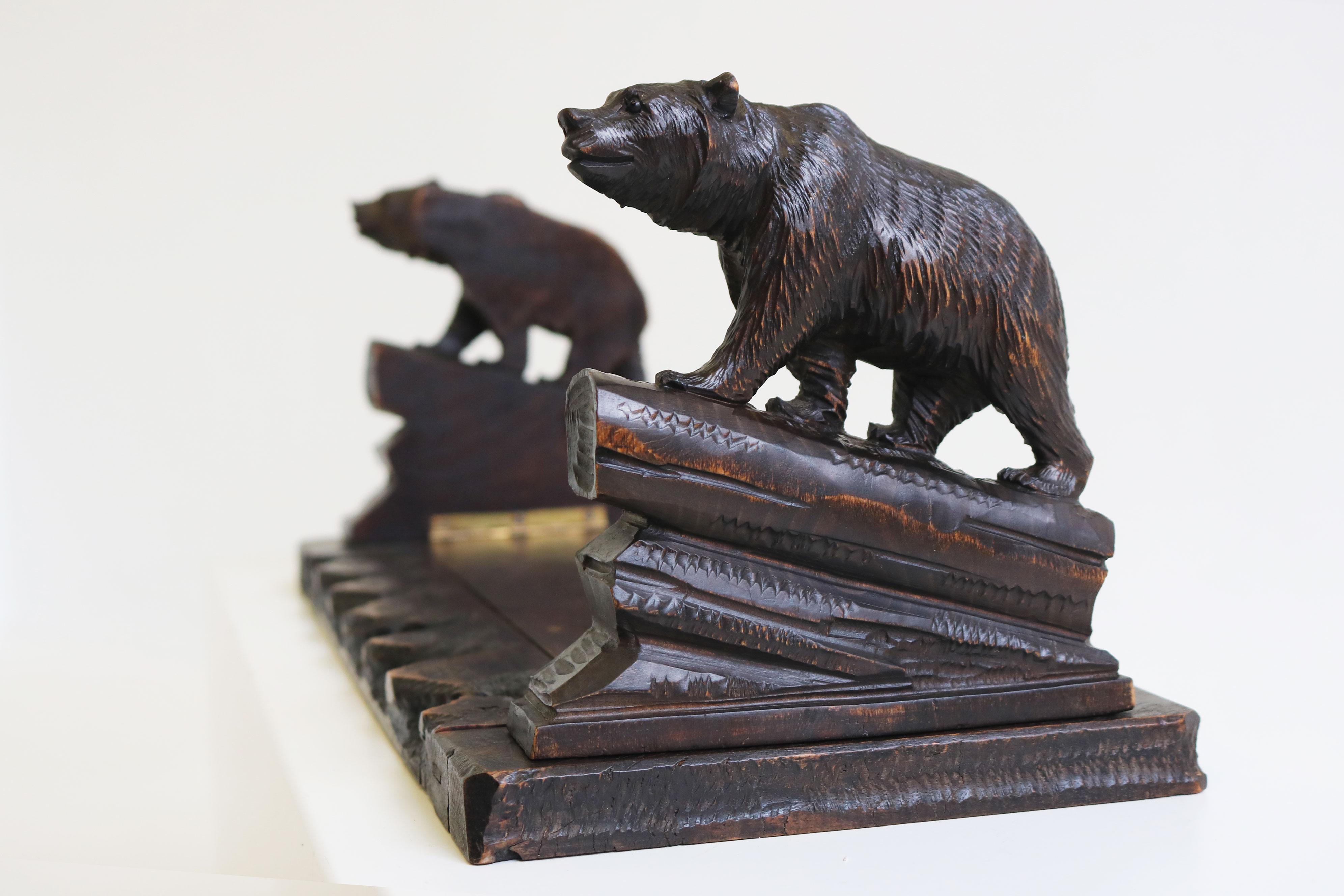Hand-Carved Antique 19th Century Black Forest Bear Book Shelf / Book Rack Hand Carved Swiss For Sale