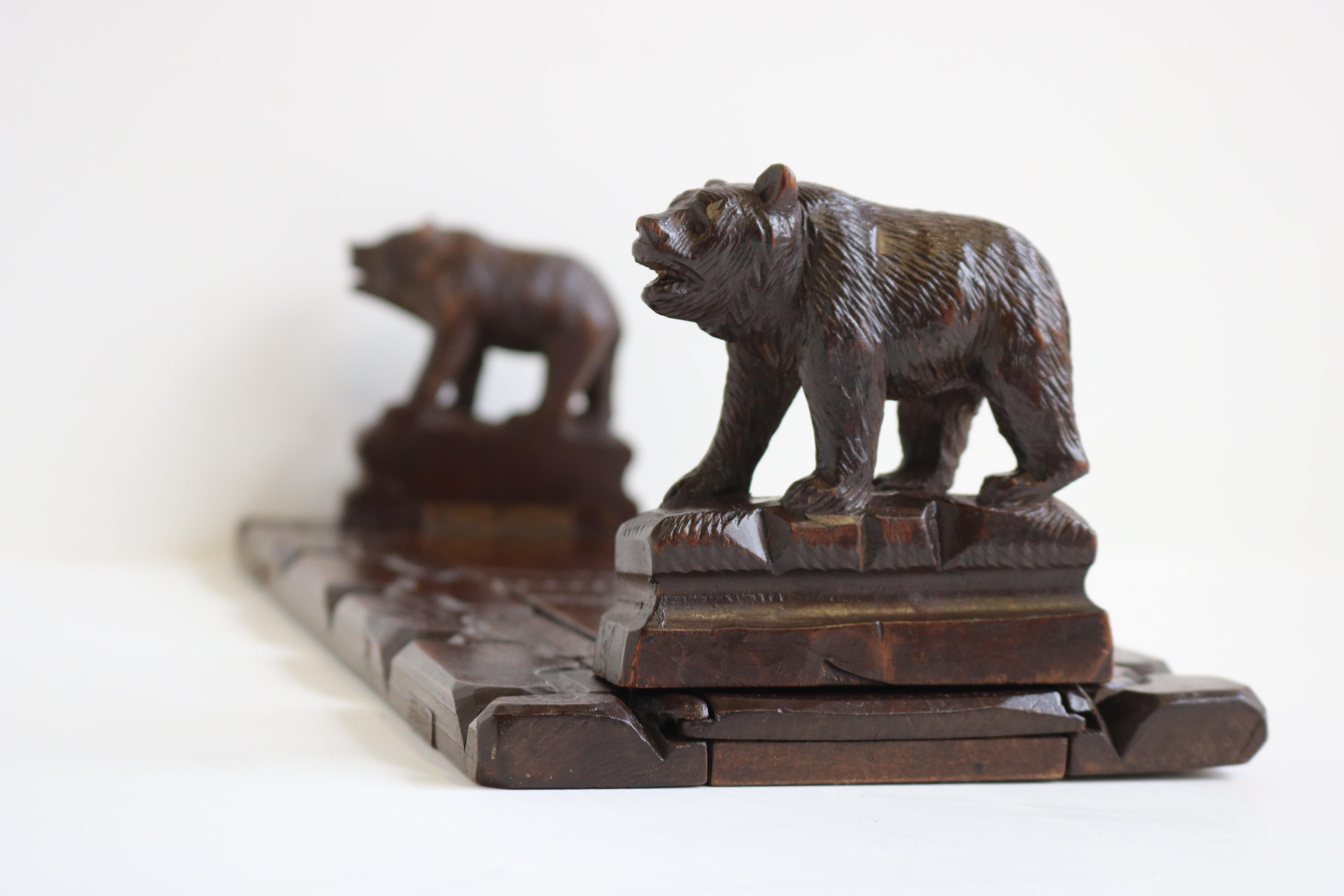 Wood Antique 19th Century Black Forest Bear Book Shelf / Book Rack Hand Carved Swiss