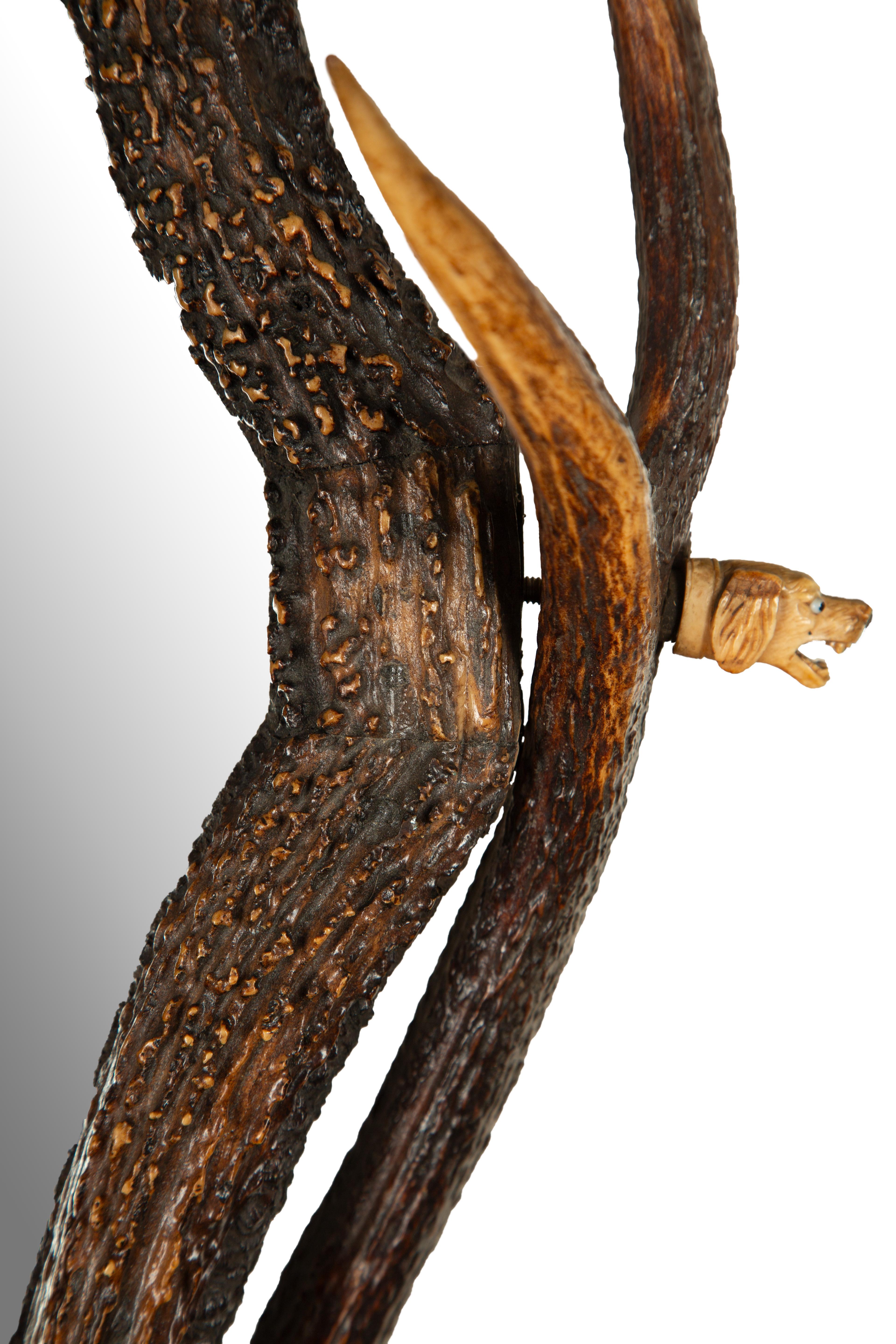 Bois cerf Antique Black Forest Mirror en bois de cerf du 19ème siècle avec têtes de chien en os sculpté en vente