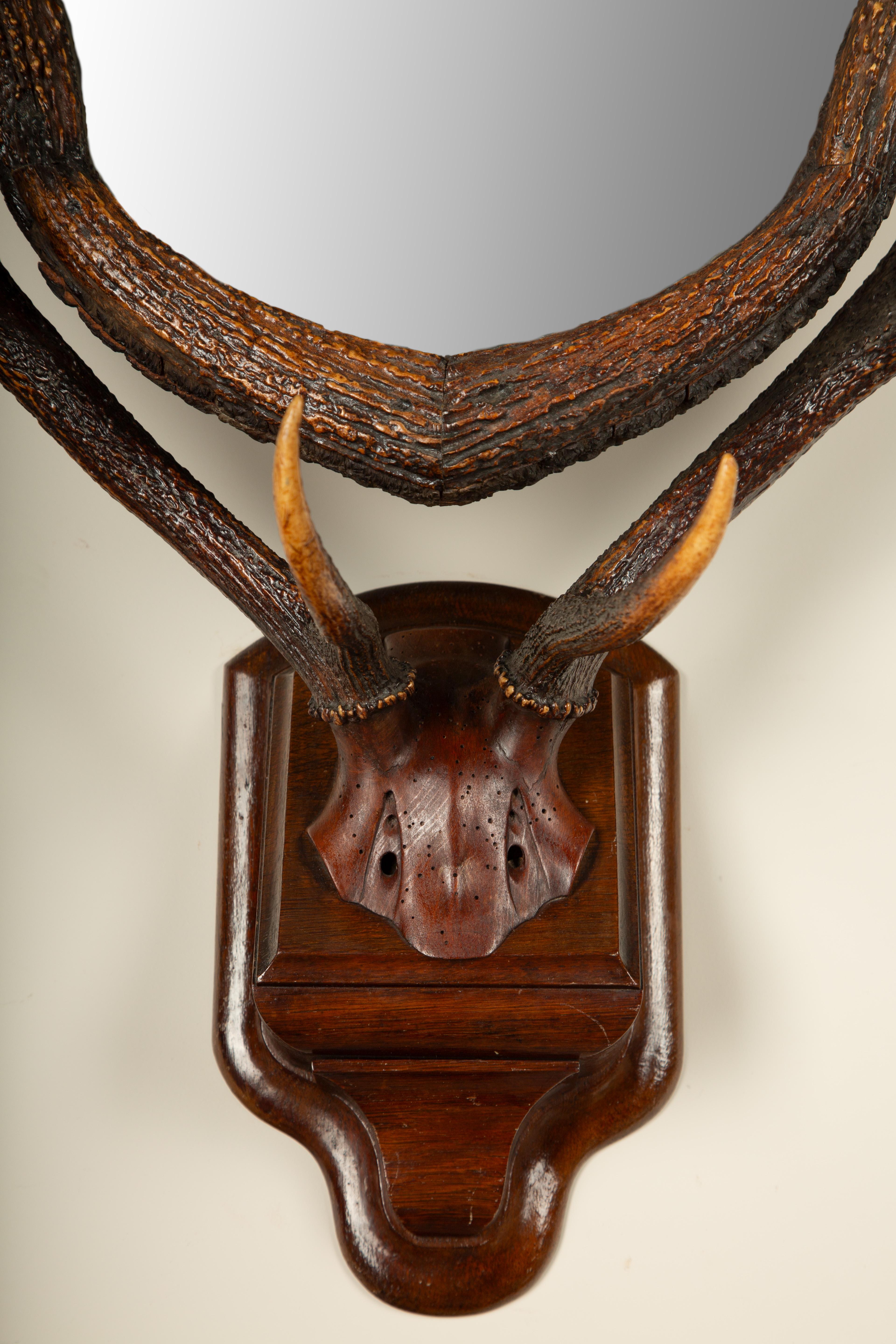 Antique Black Forest Mirror en bois de cerf du 19ème siècle avec têtes de chien en os sculpté en vente 1