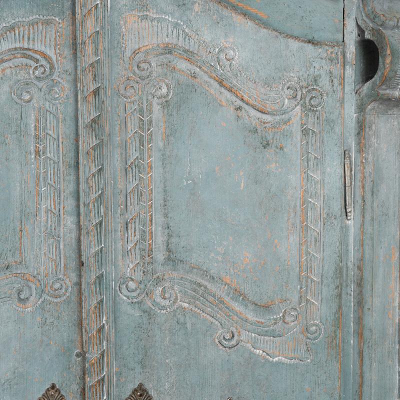 Antique 19th Century Blue Painted Armoire with Carved Details from France 3