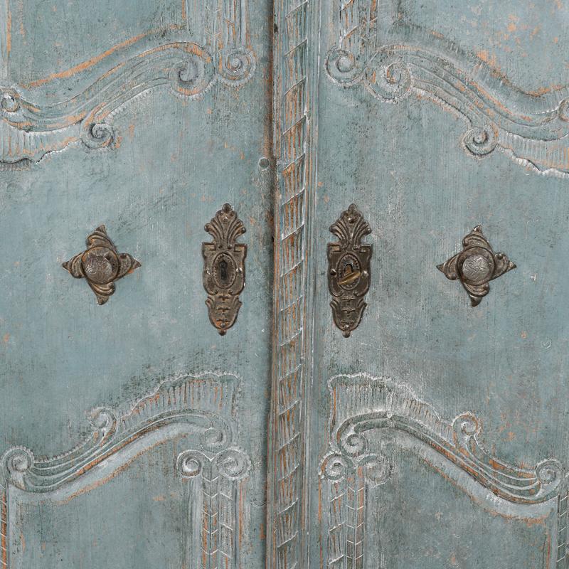 Antique 19th Century Blue Painted Armoire with Carved Details from France 4