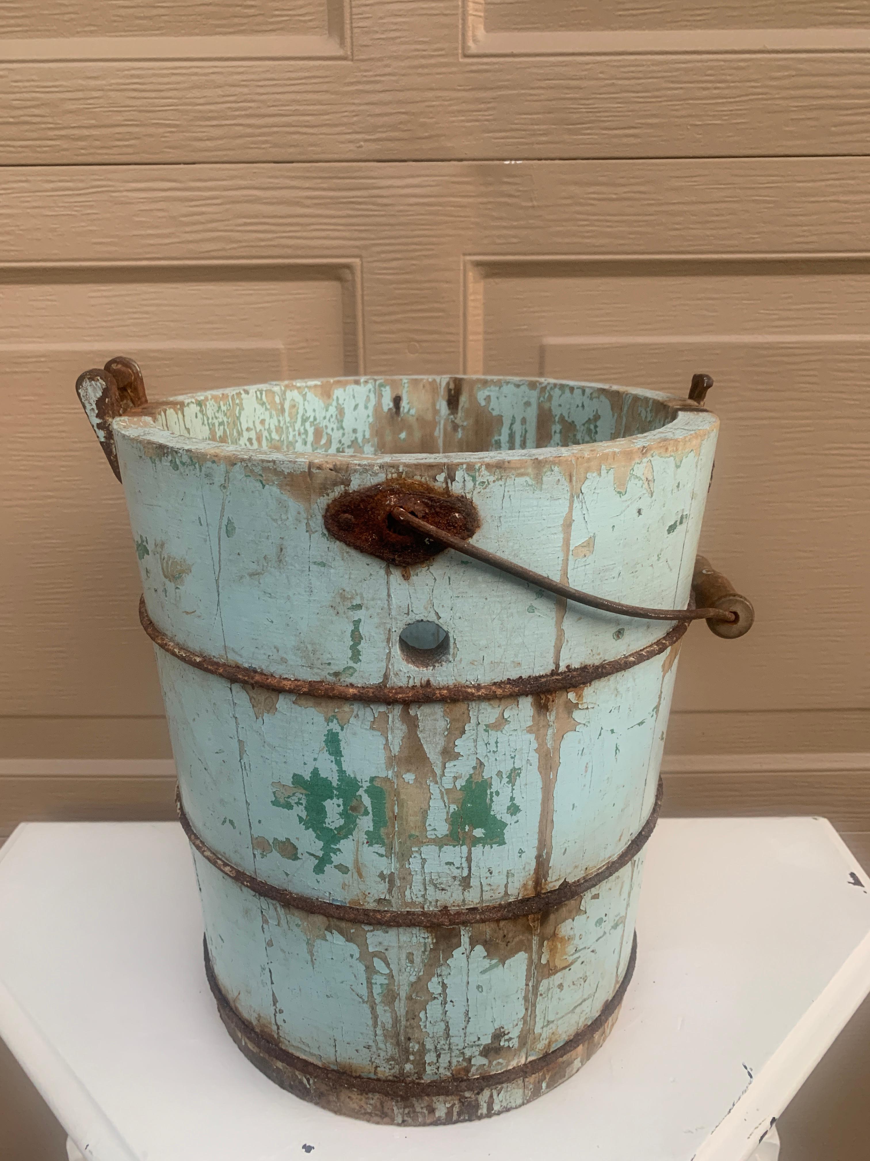 Antique 19th Century Blue Wooden Bucket or Waste Basket For Sale 5
