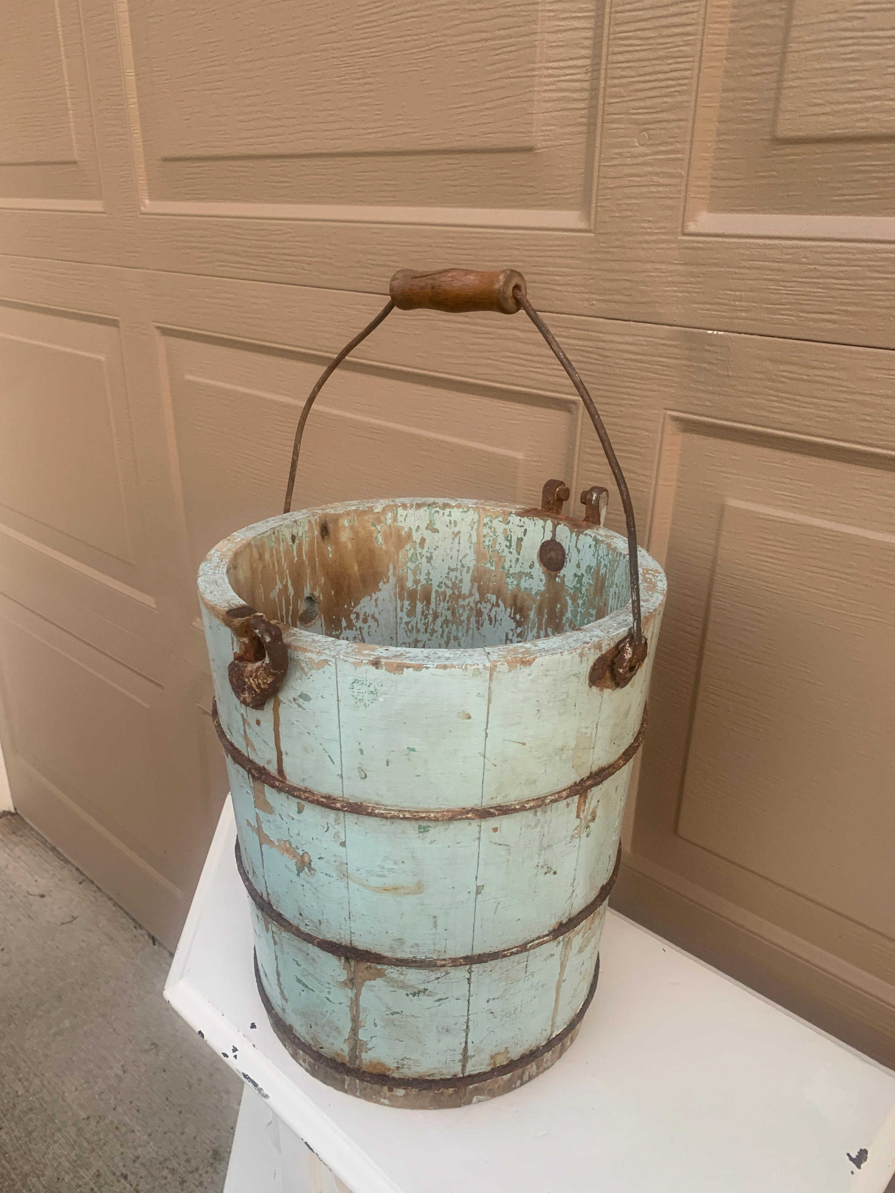 Rustic Antique 19th Century Blue Wooden Bucket or Waste Basket For Sale