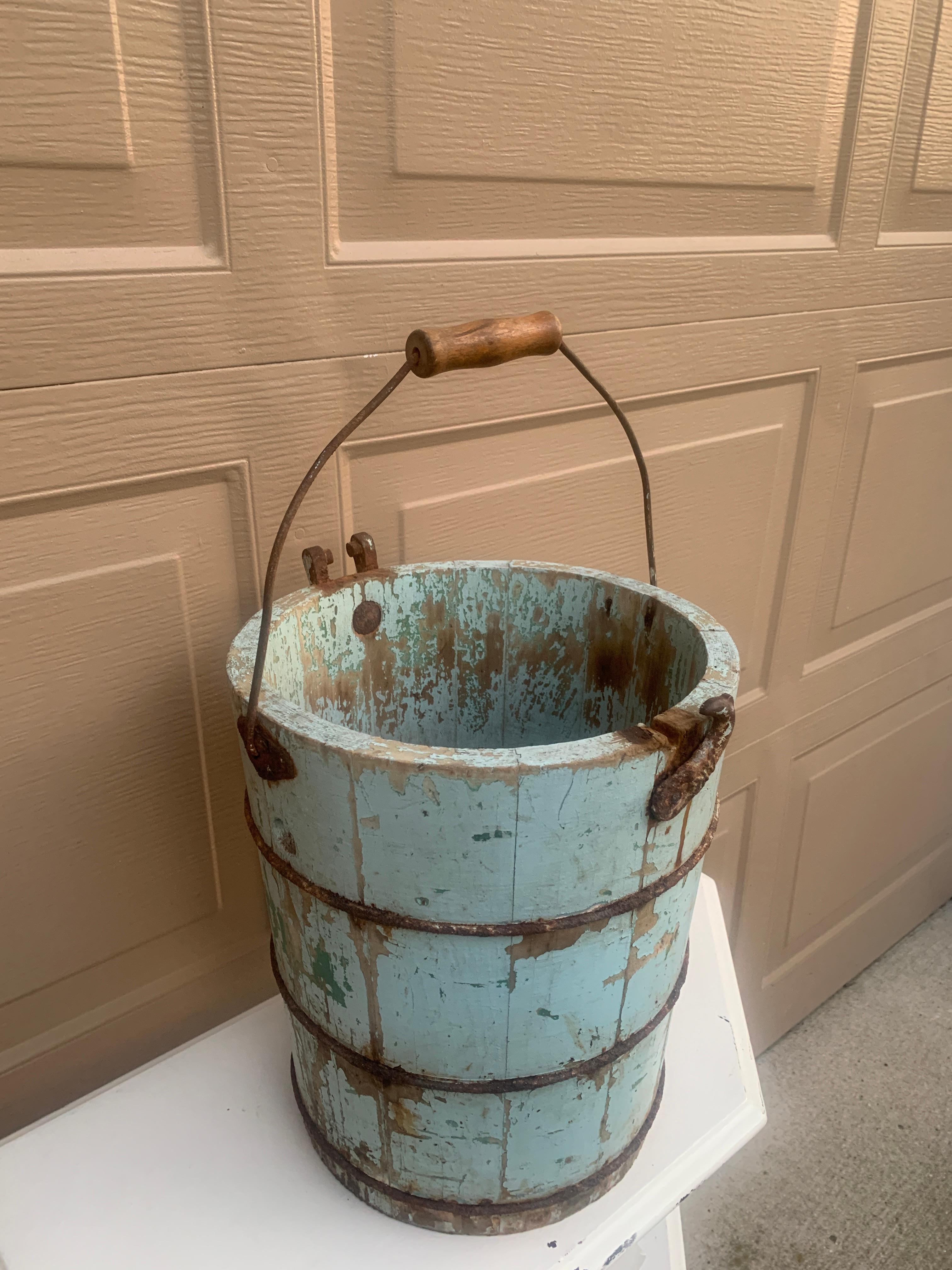 American Antique 19th Century Blue Wooden Bucket or Waste Basket For Sale