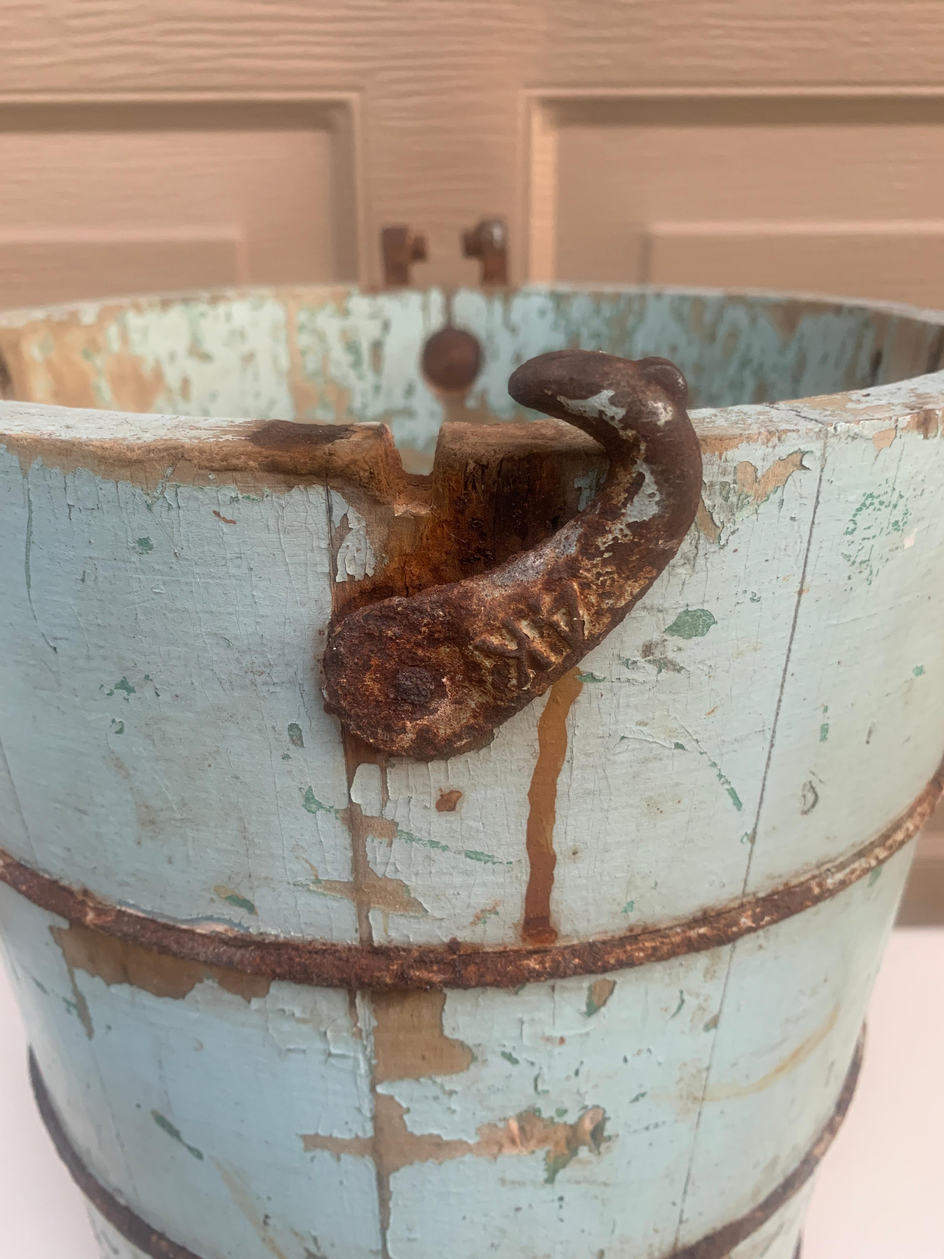 Iron Antique 19th Century Blue Wooden Bucket or Waste Basket For Sale