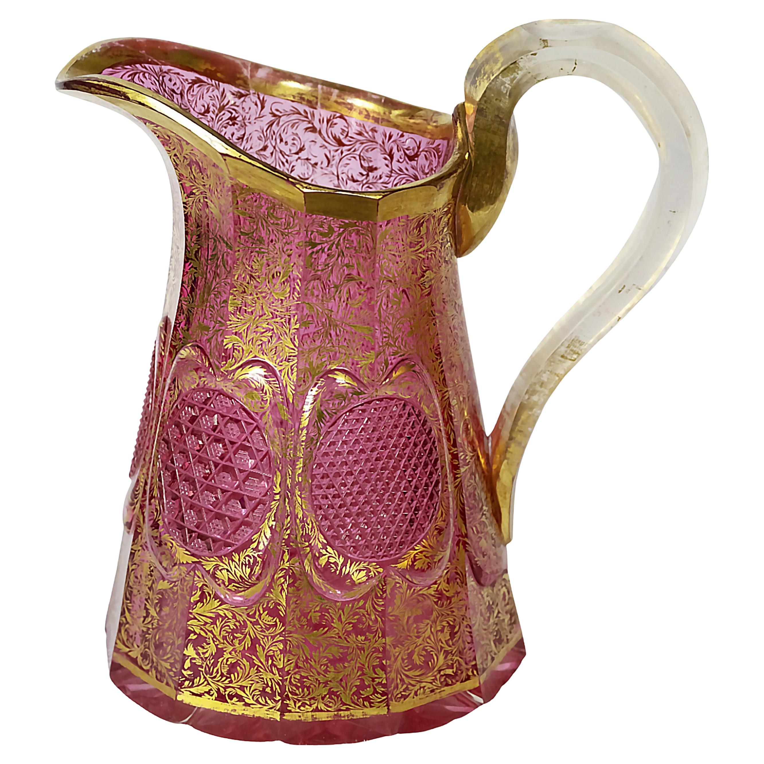 Antique 19th Century Bohemian Moser Pink Hand Cut Crystal Jug / Pitcher