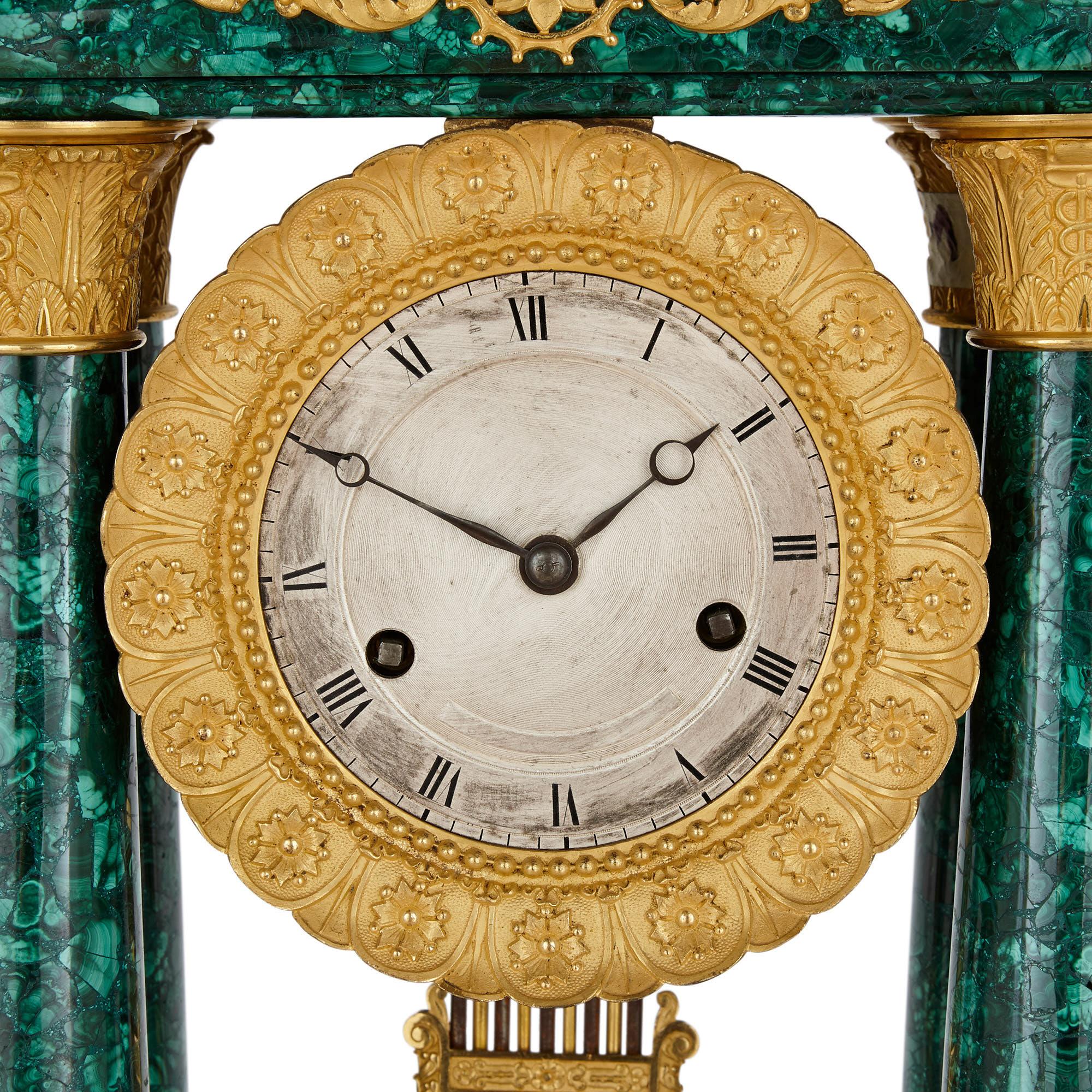 French Antique 19th Century Bourbon Restauration Malachite and Gilt Bronze Mantel Clock For Sale