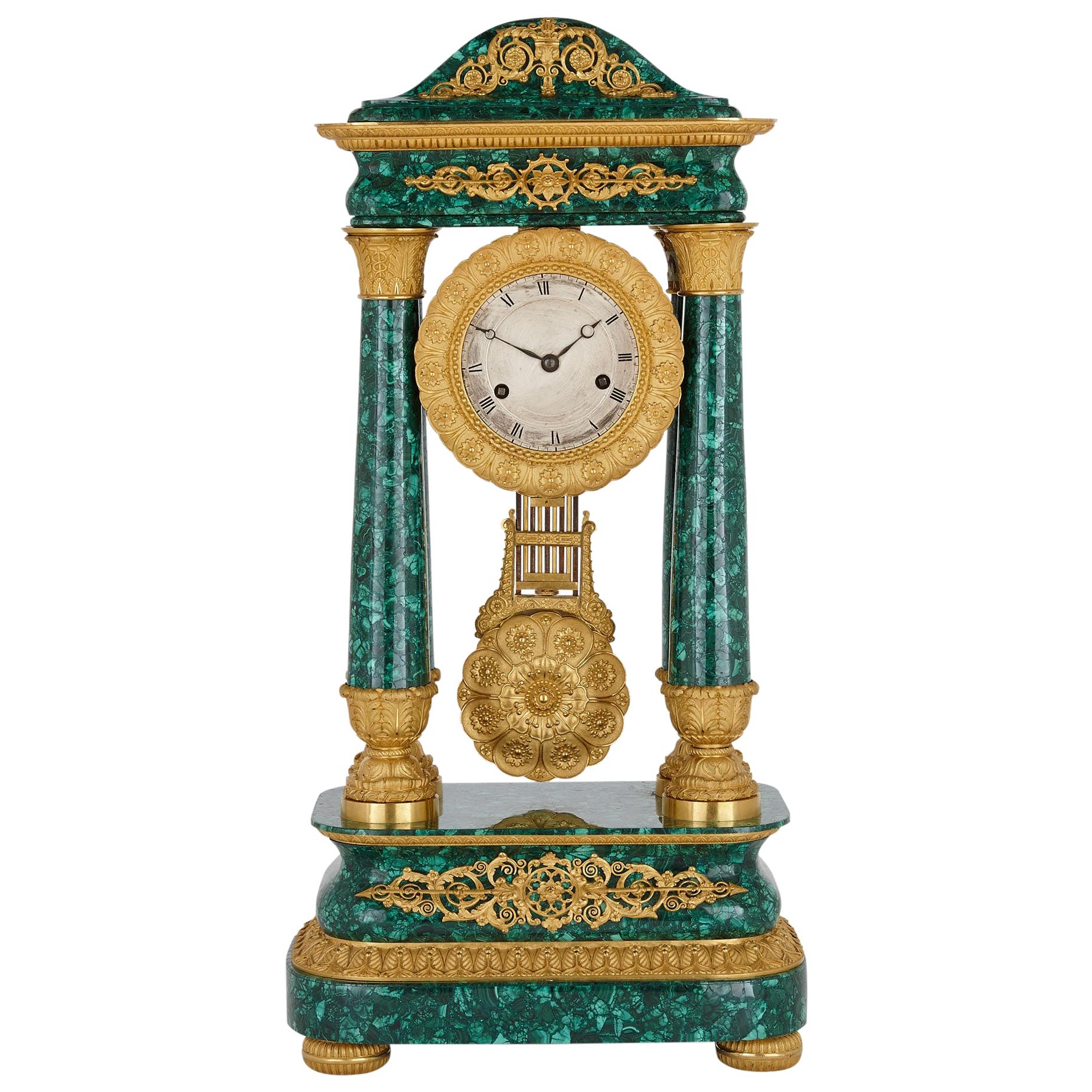 Antique 19th Century Bourbon Restauration Malachite and Gilt Bronze Mantel Clock For Sale