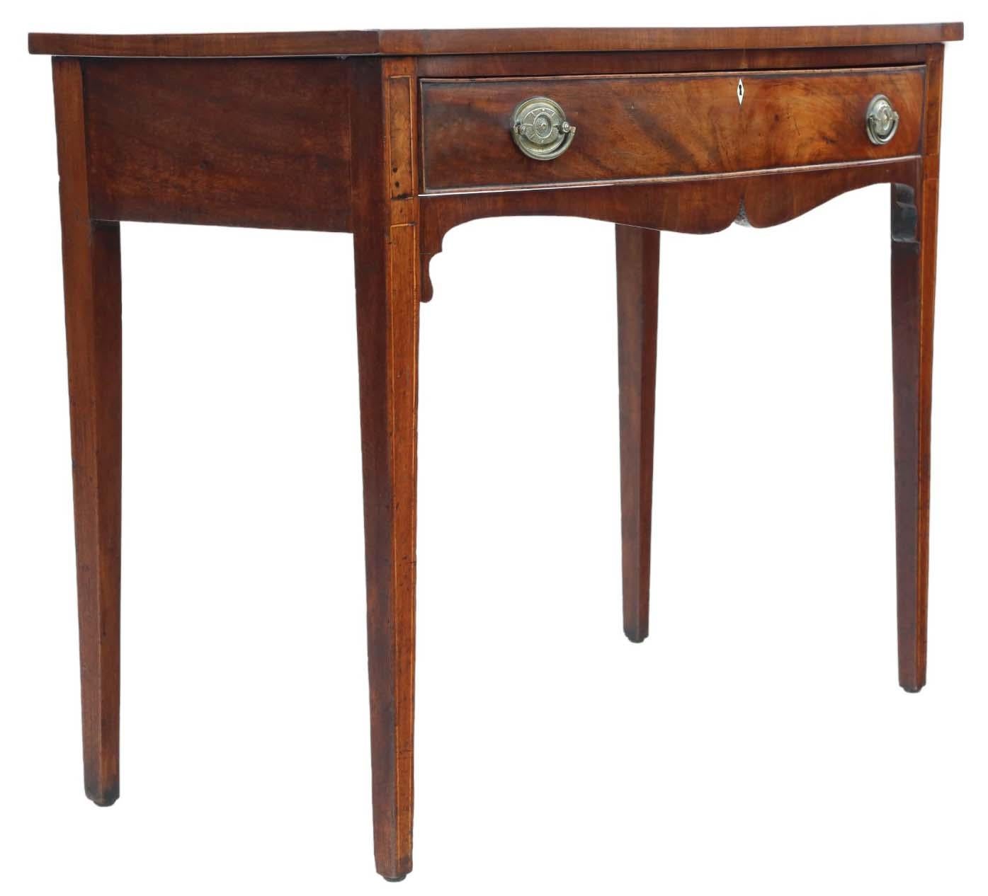 Wood Antique 19th Century Bow Front Inlaid Mahogany Desk Writing Side Dressing Table For Sale