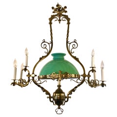 Antique 19th Century Brass "Gasolier" Chandelier with Original Green Glass Shade