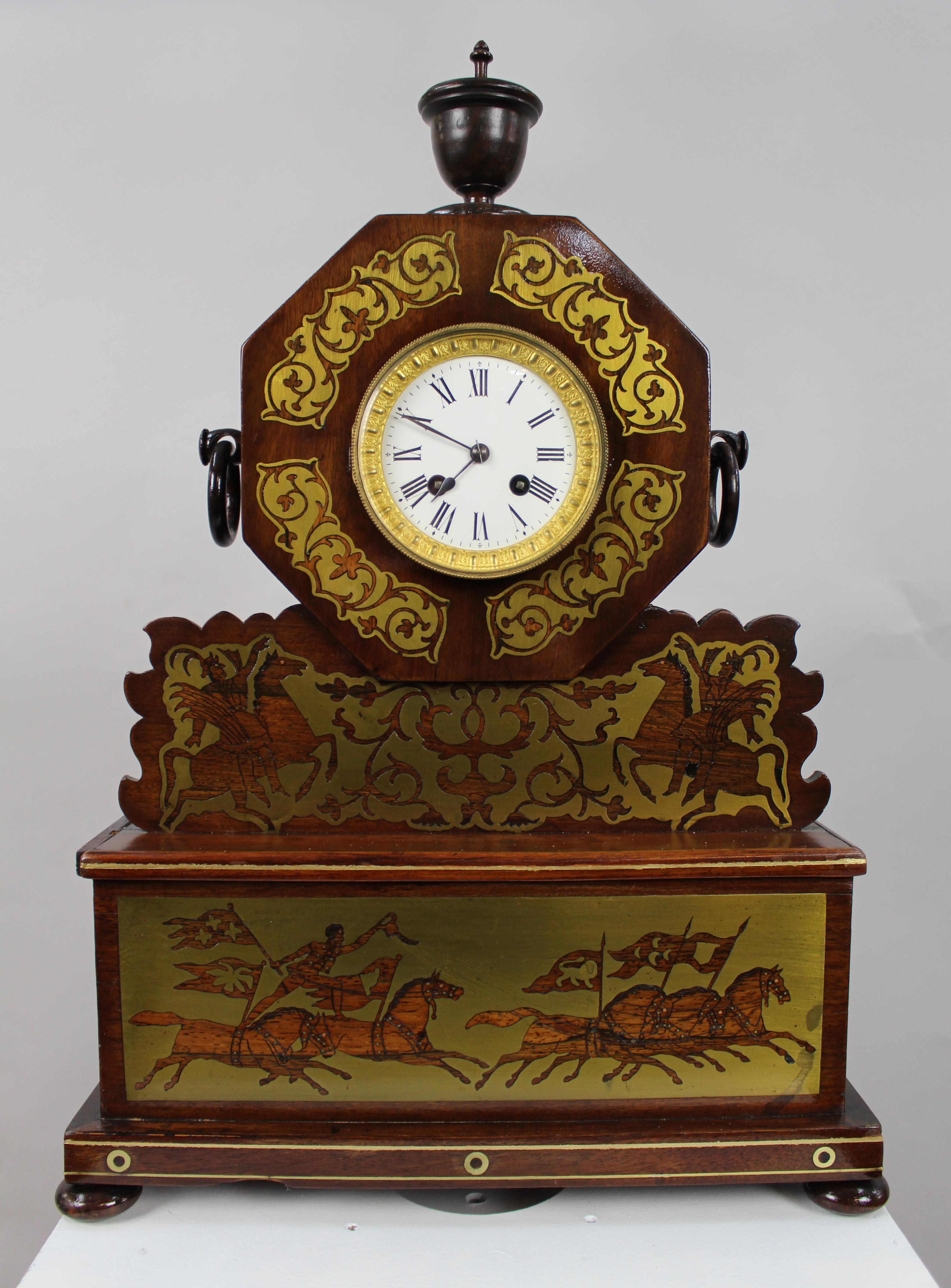 Antique 19th-Century Brass Inlaid Mantel Clock For Sale 5