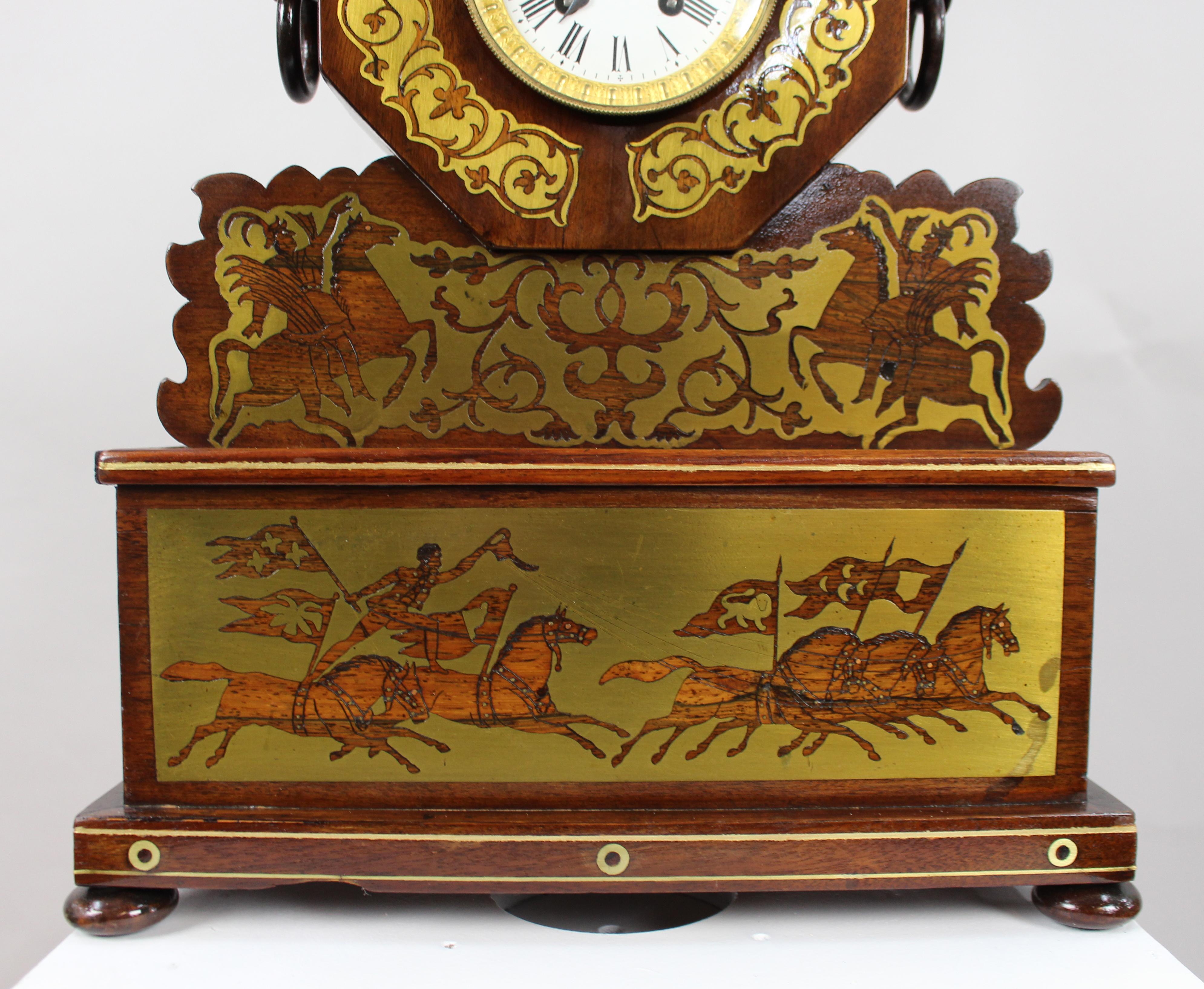 Antique 19th-Century Brass Inlaid Mantel Clock For Sale 6