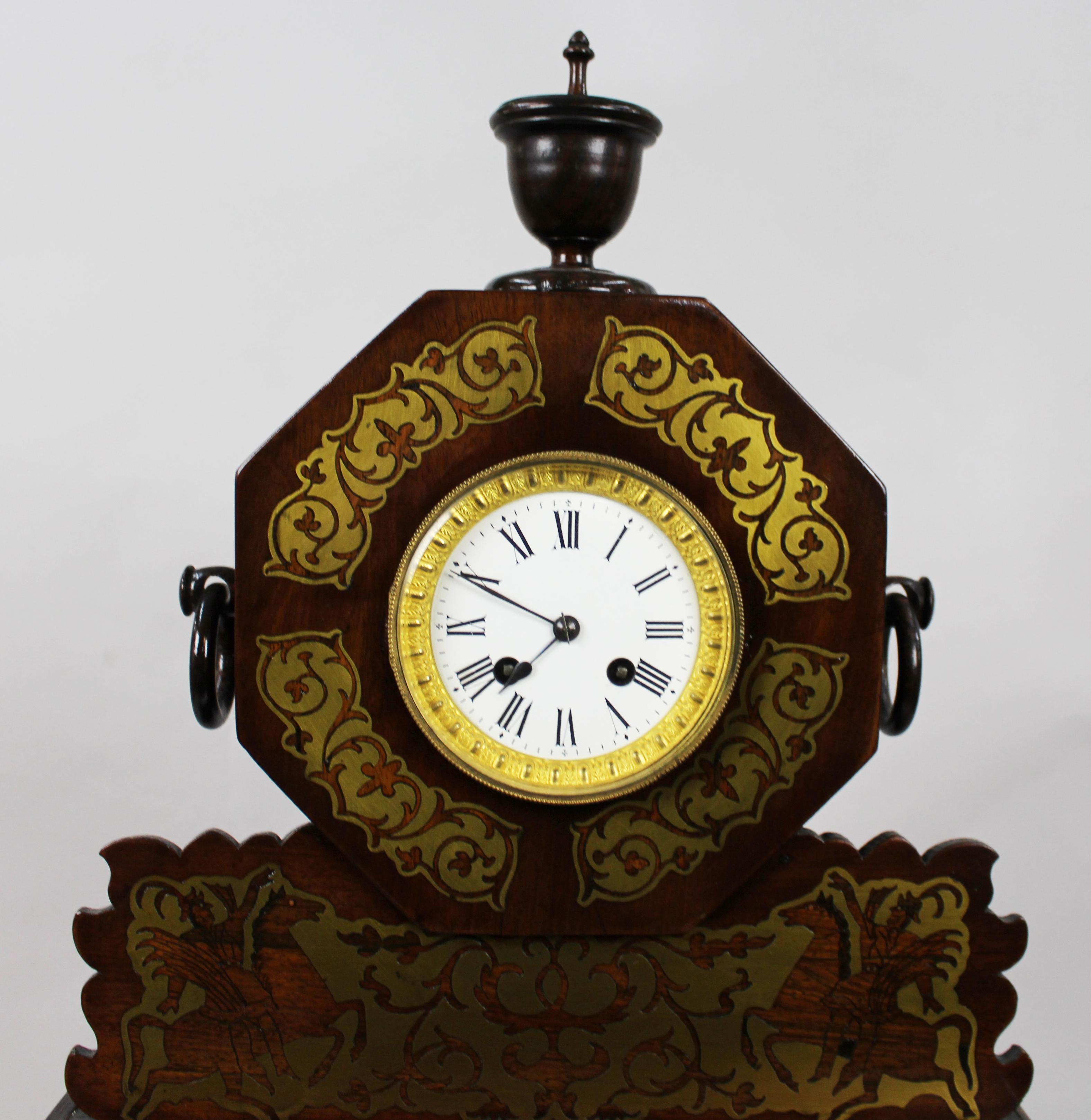 Antique 19th-Century Brass Inlaid Mantel Clock For Sale 7